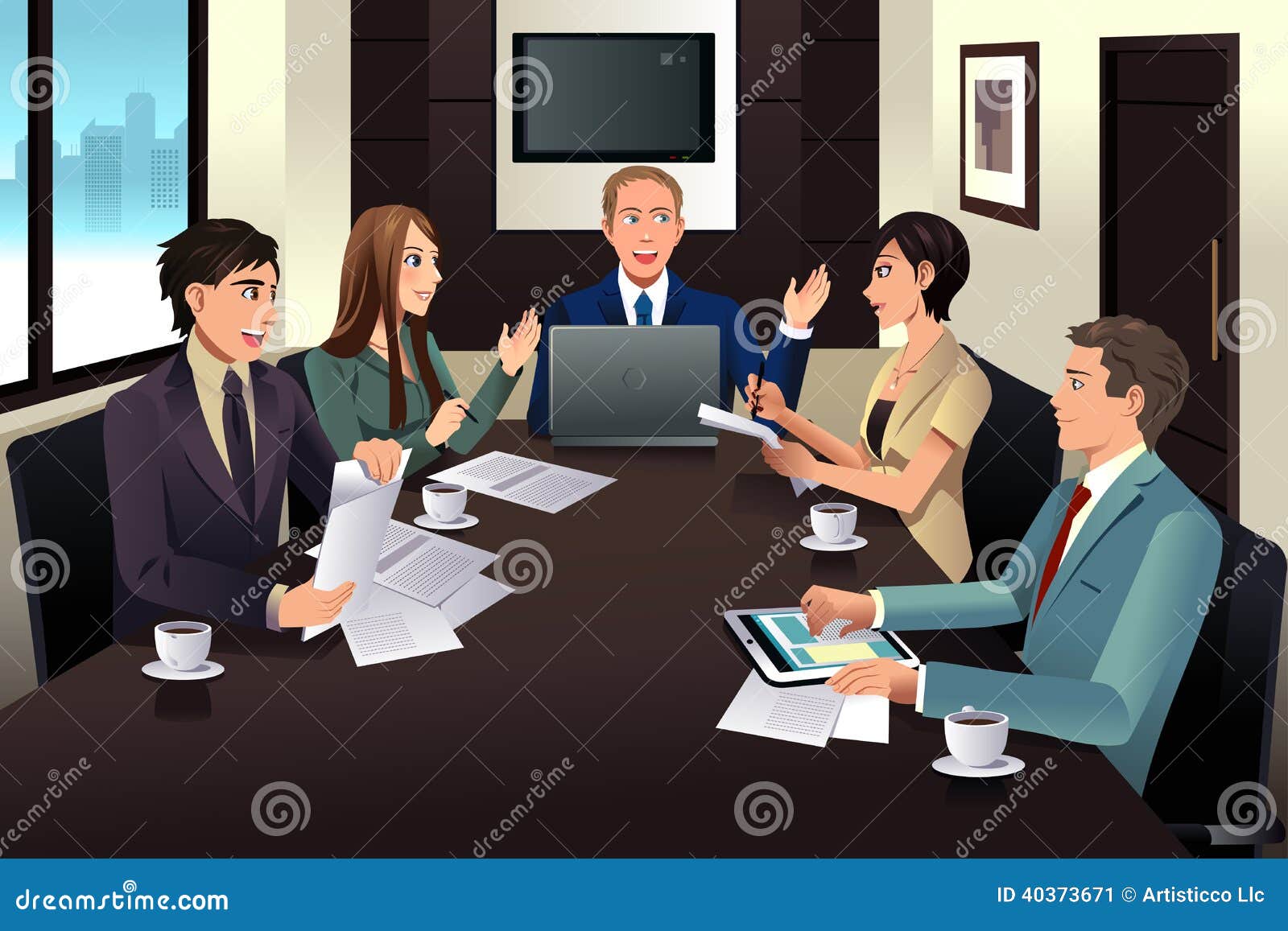 Affärslagmöte i ett modernt kontor. En vektorillustration av affärslagmötet i ett modernt kontor