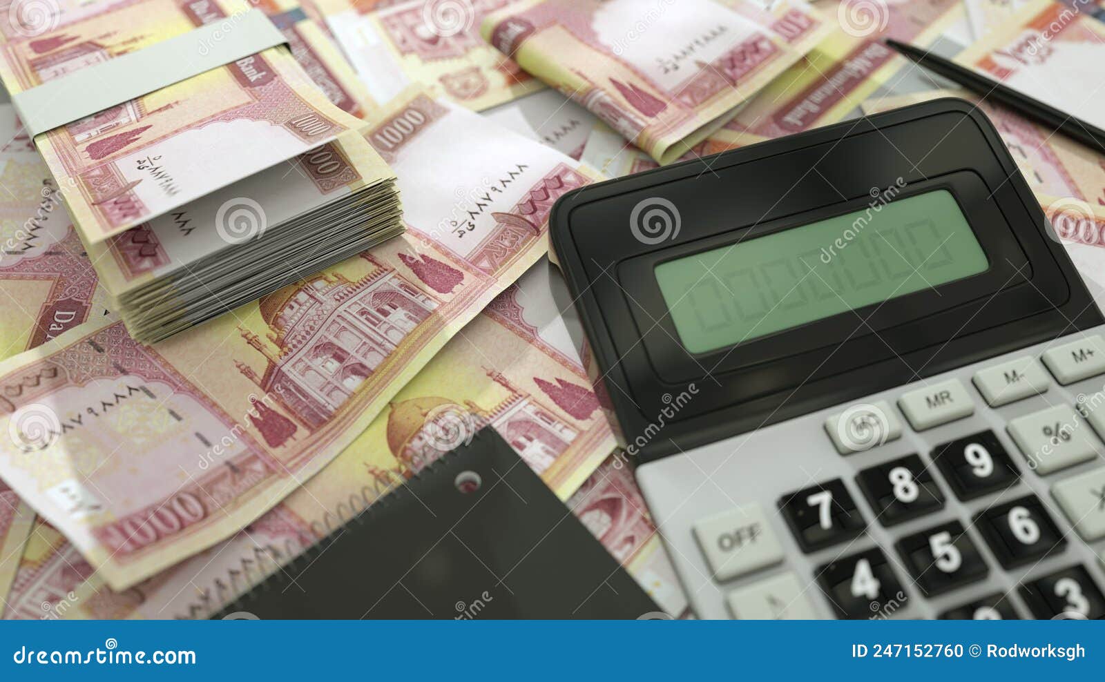 Afghan Afghanis Notes Spread Out with a Calculator, Pen and Notebook