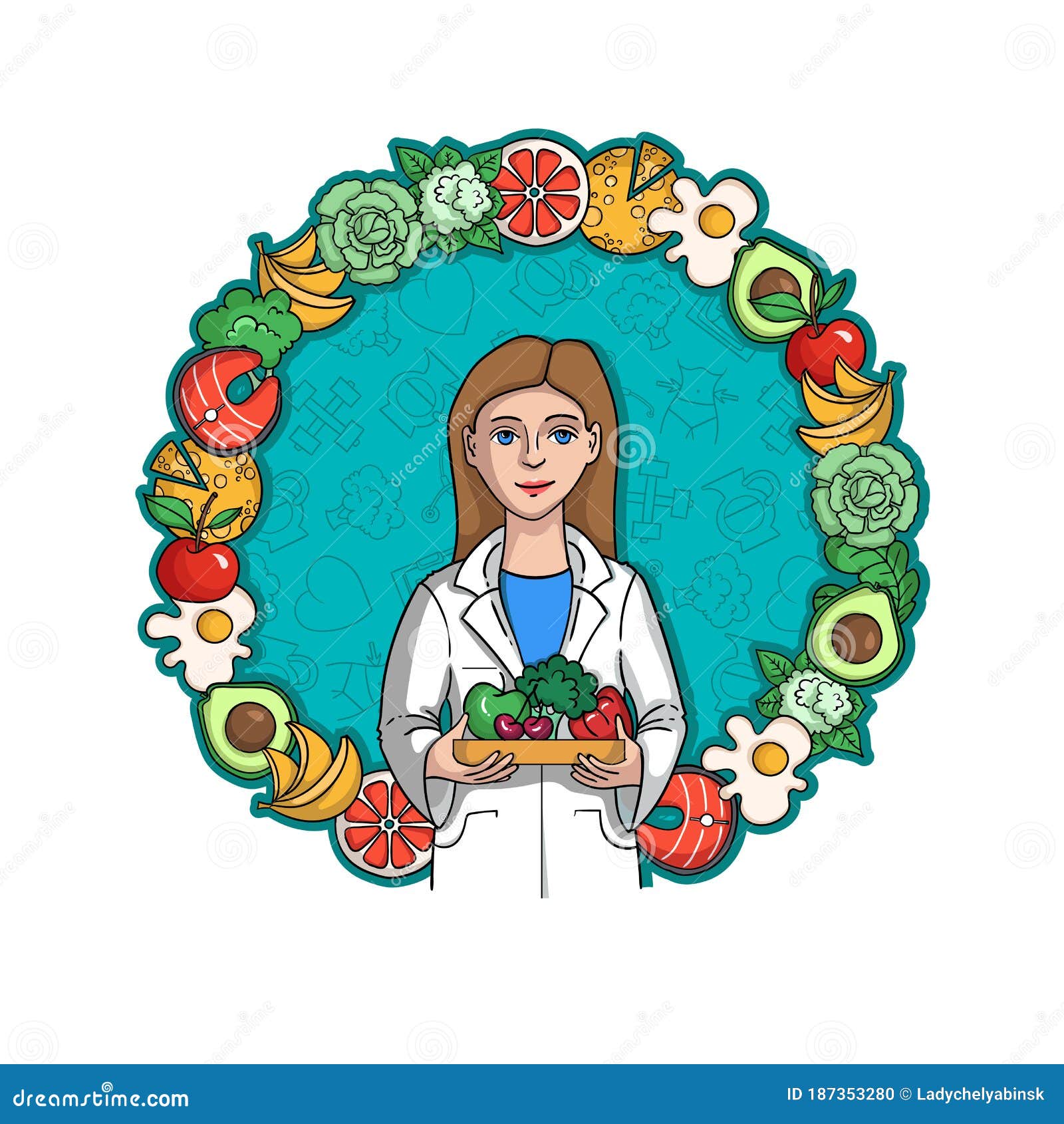 Afiche De Color Vectorial Con Símbolos De Nutrición Y Salud. Nutricionista  Que Ofrece Buenas Frutas Vegetales Stock de ilustración - Ilustración de  mujer, salud: 187353280