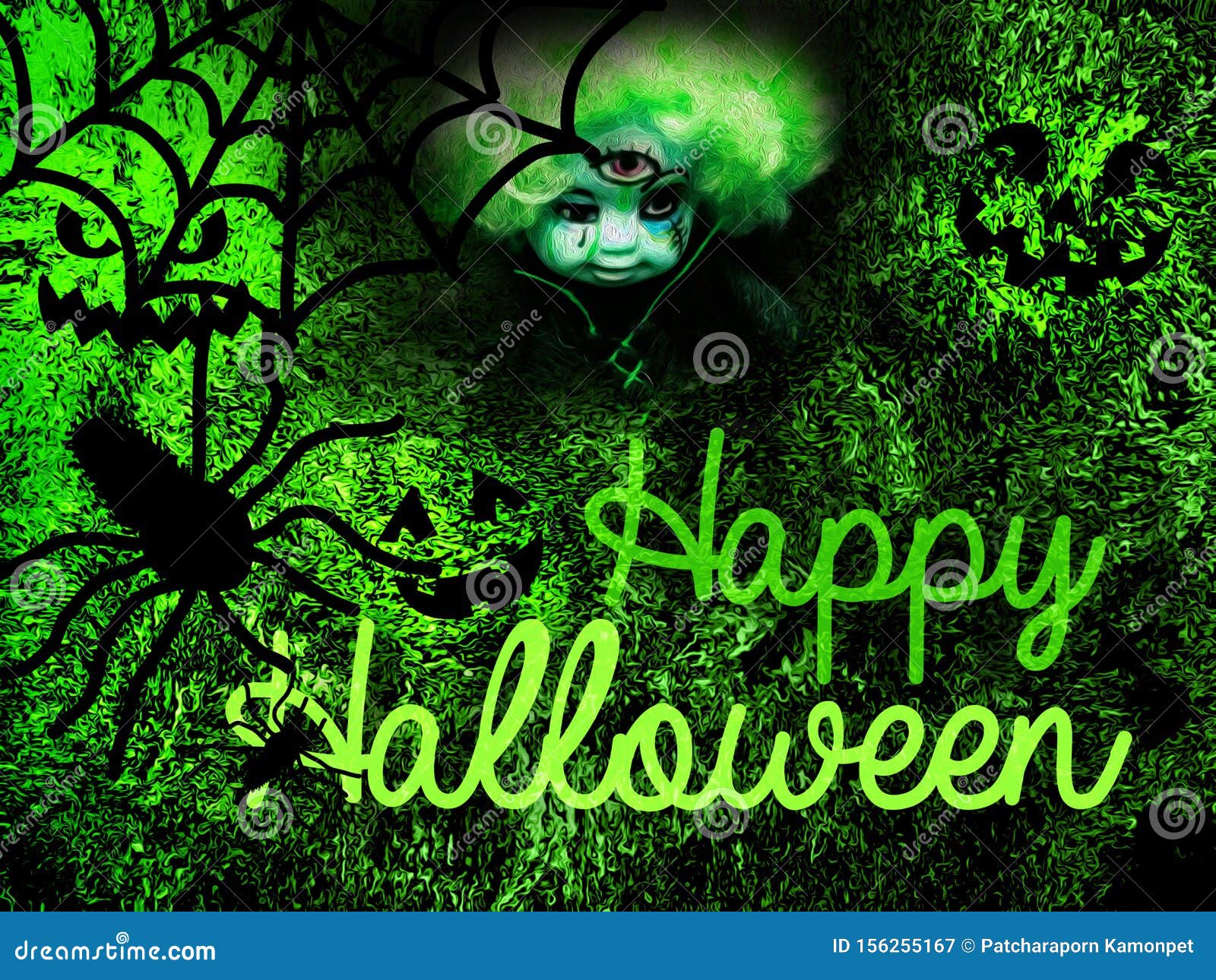 Afiche De La Fiesta De Halloween Feliz Con Letras, Fantasmas De Muñecas, Murciélagos Y Araña, Fondo Verde Stock de ilustración - Ilustración de muñecas, verde: 156255167