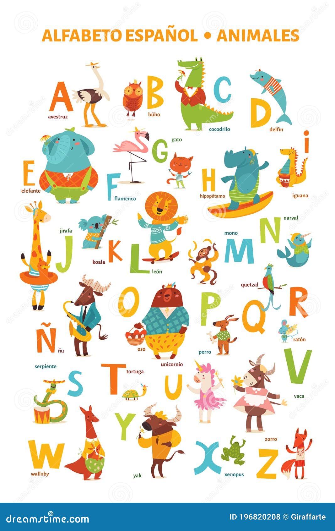 Afiche Del Alfabeto Español Con Animales De Dibujos Animados Ilustración  del Vector - Ilustración de divertido, fondo: 196820208