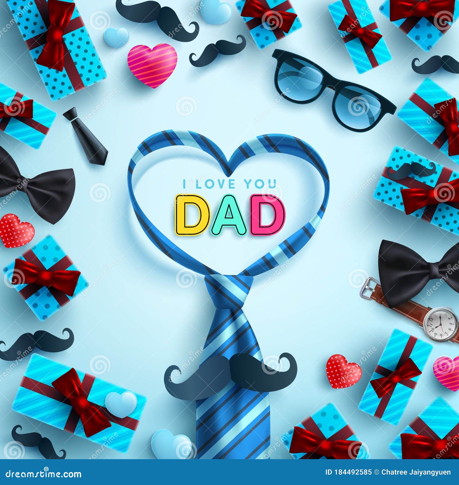 Afiches O Pancartas Del Día Del Padre Con Gafas De Corbata Y Caja De Regalo  Sobre Fondo Azul Saludos Y Regalos Para Los Padres Ilustración del Vector -  Ilustración de publicidad, regalo: