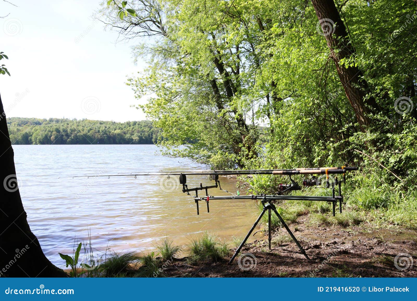 Afición a La Pesca. Cañas De Pescar En Un Stand Junto Al Lago