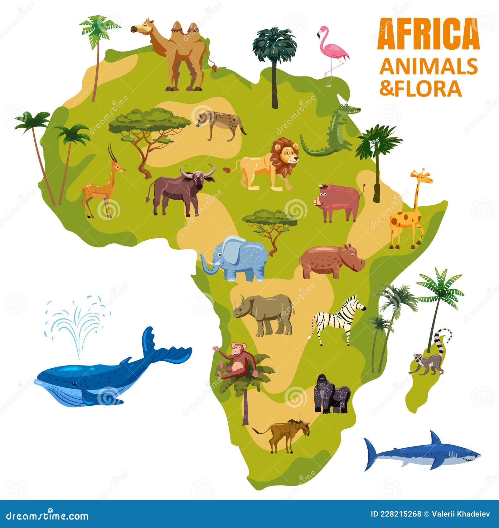 Savannah In World Map Africa Animal World Map Continent. Set Tropical Animals Flora Wild Savannah  Jungle Fauna. Vector Cartoon Style Stock Photo - Image Of Flat, Vector:  228215268