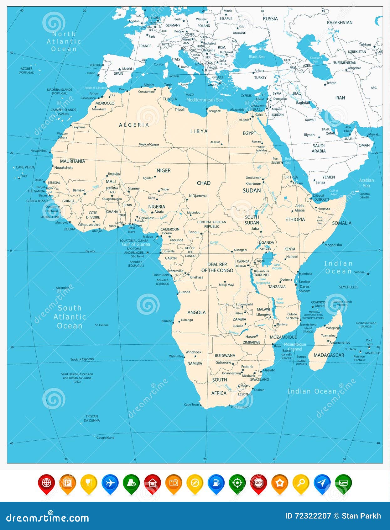 Africa Highly Detailed Map and Colored Map Pointers Stock Vector ...
