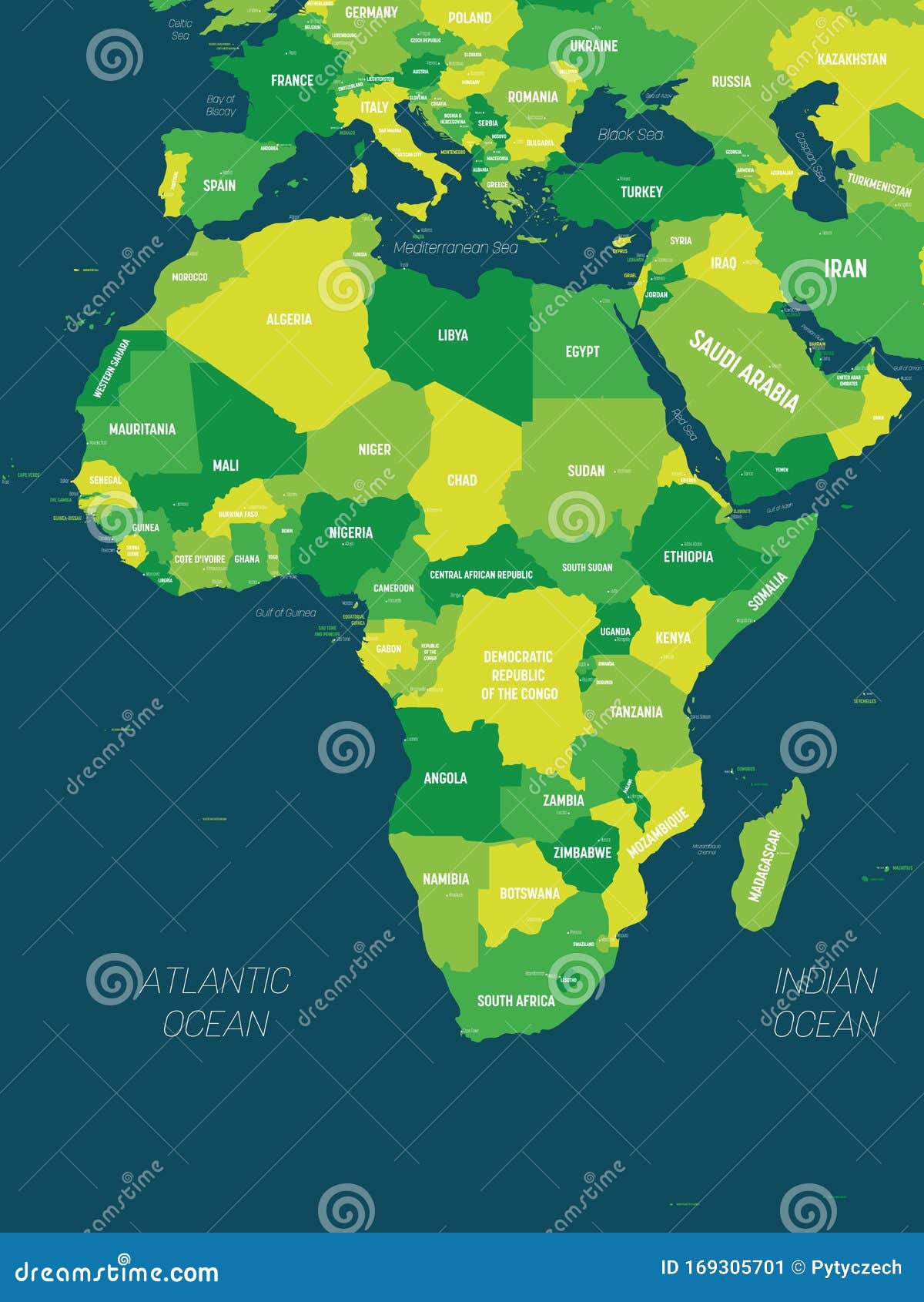 Africa Map - Green Hue Colored on Dark Background. High Detailed
