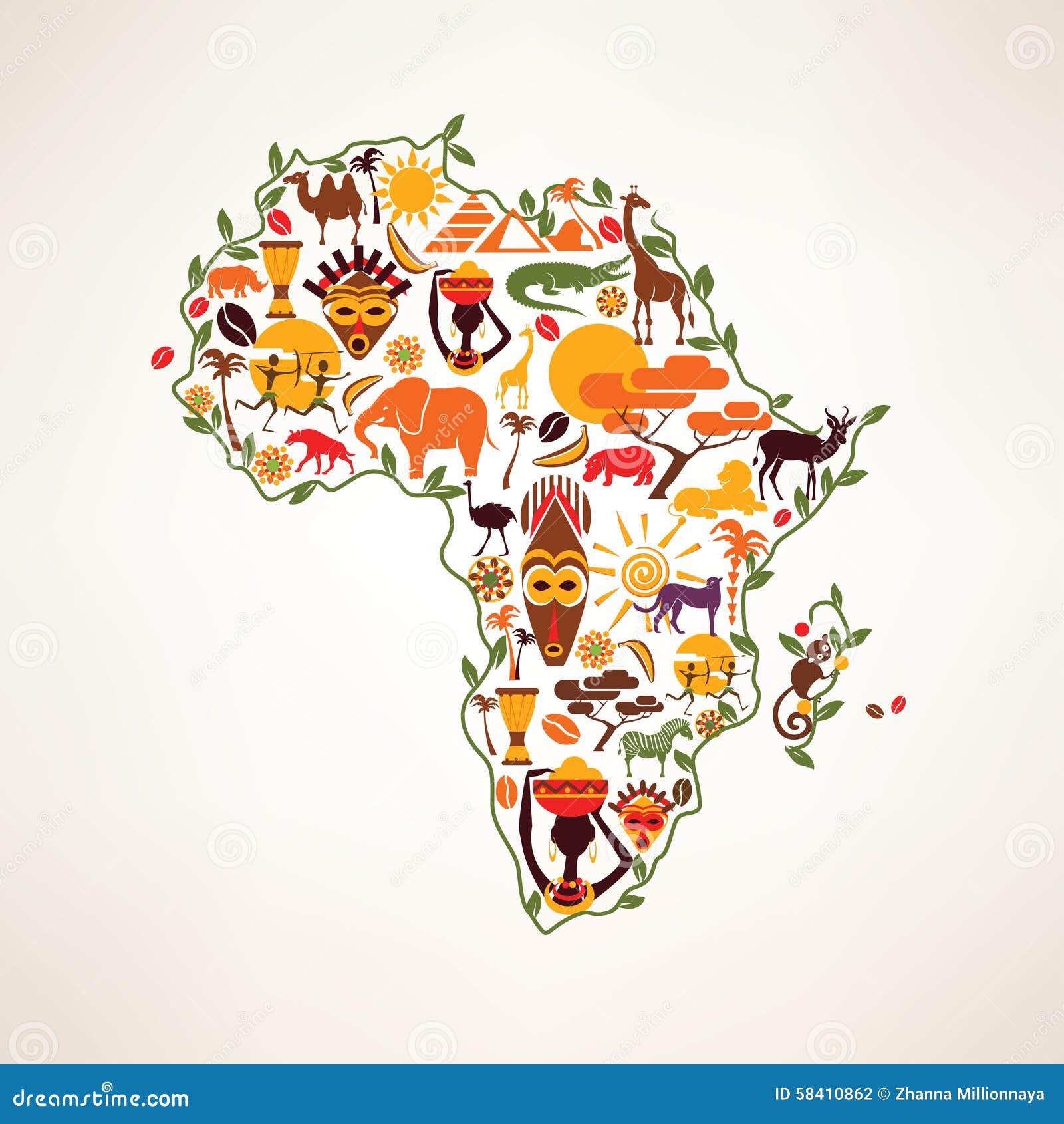 africa travel map, decrative  of africa continent with eth
