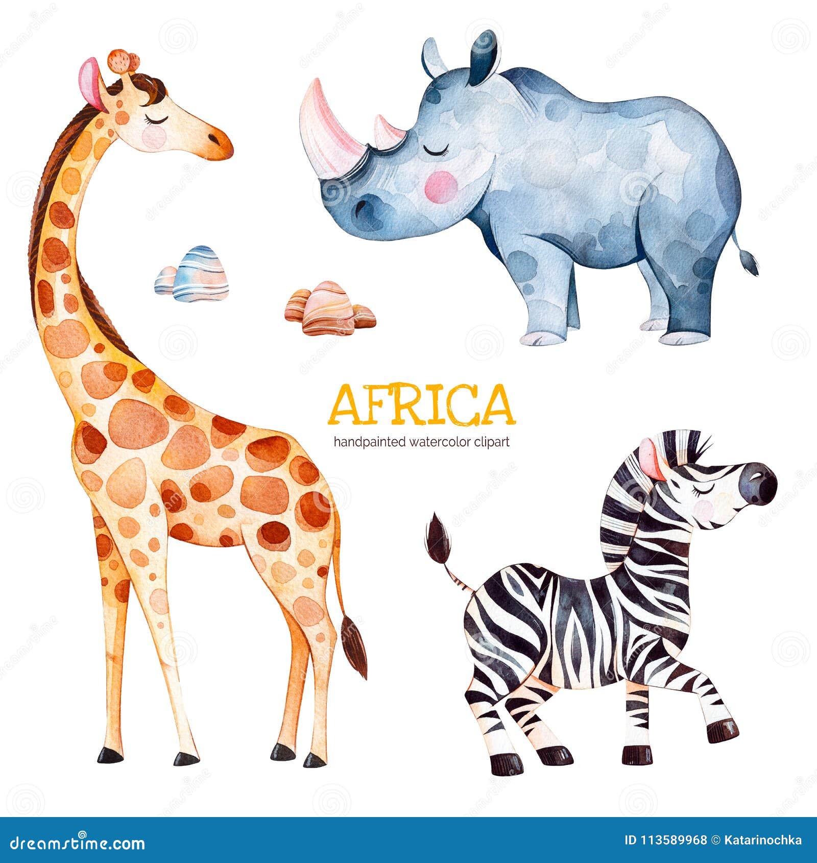 safari collection with giraffe, rhino, zebra, stones