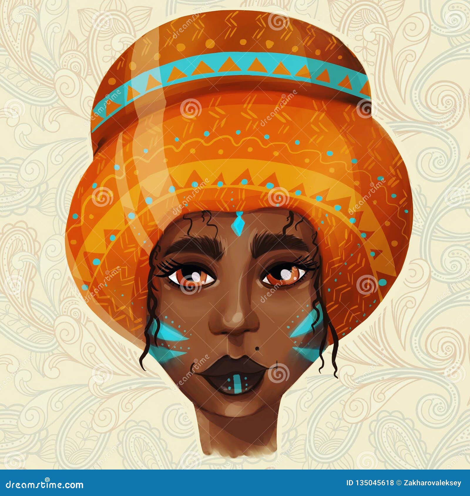 African American Beautiful Girl Illustration Of A Black Woman With Glossy Lips And A Turban