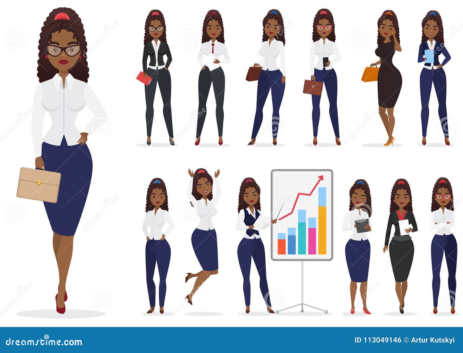 african american black businesswoman lady character different poses  set.  cartoon female .