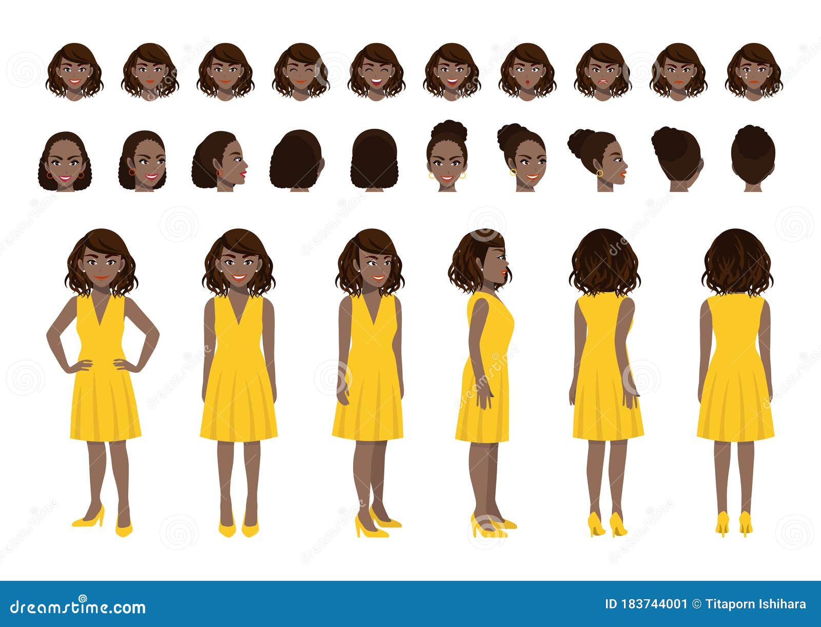 African American Businesswoman Cartoon Character Head Set and Animation  Design. Front, Side, Back, 3-4 View Stock Vector - Illustration of icon,  businesswoman: 183744001