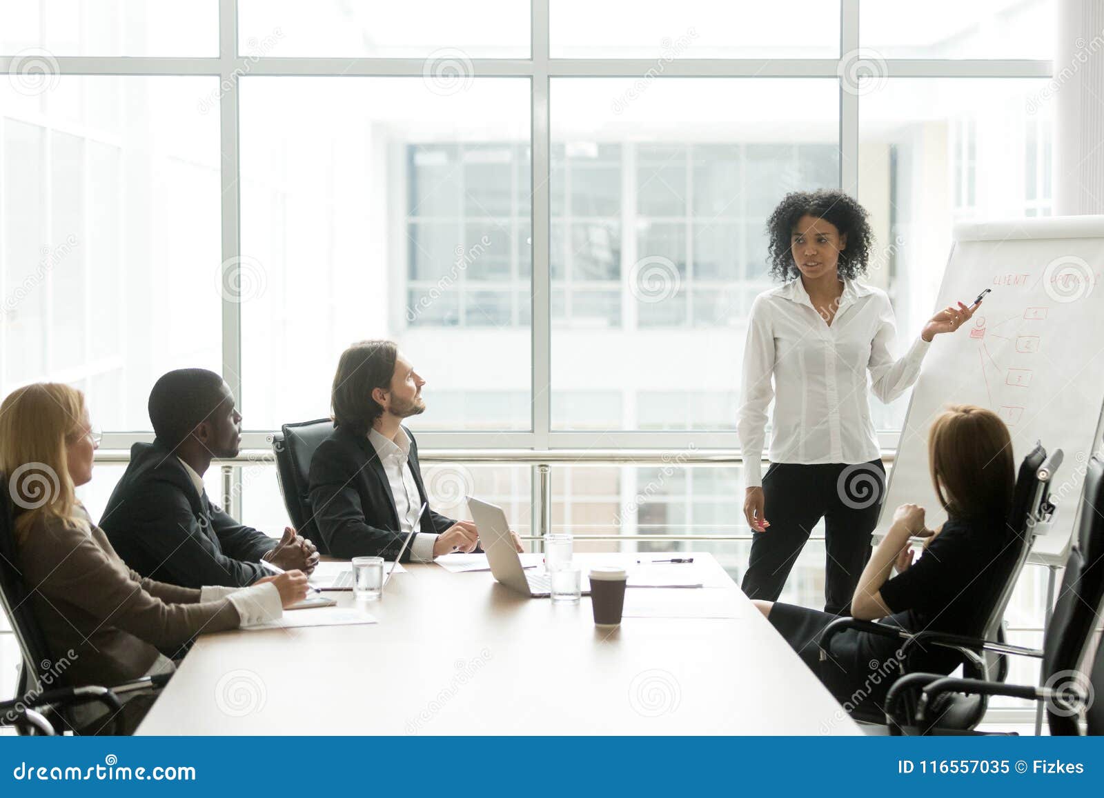 african-american businesswoman giving presentation to executive
