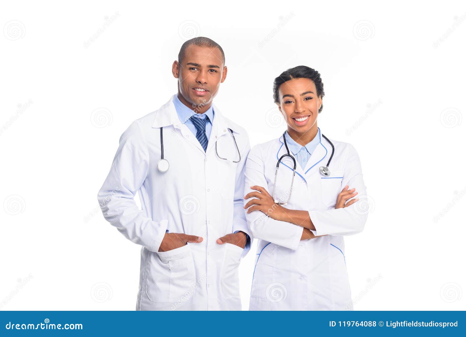 African American Doctors in White Coats with Stethoscopes, Stock Photo