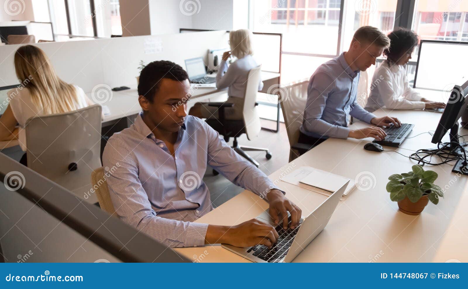 multicultural staff business people sitting at desks working in office