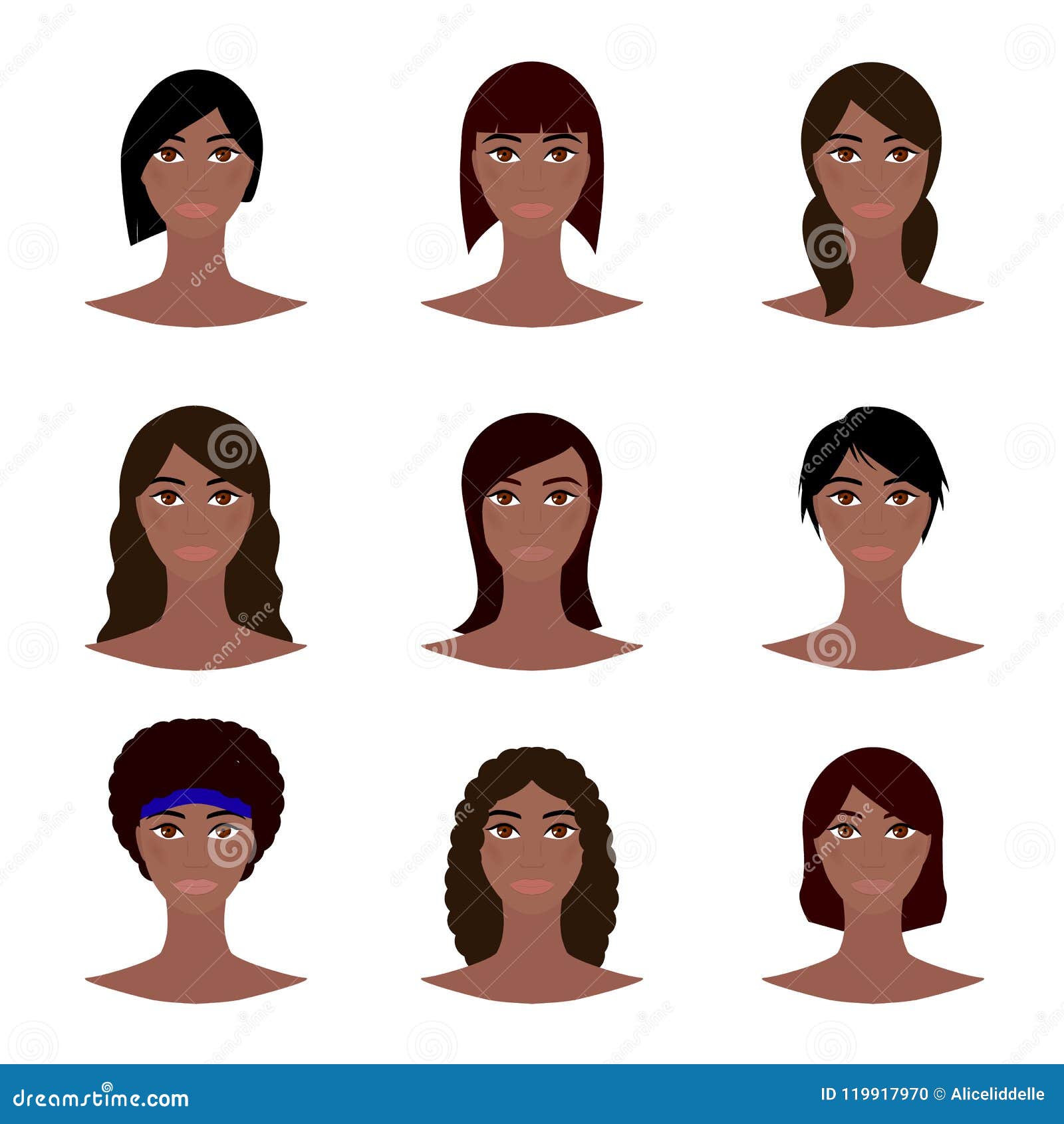 African American Female Avatar Set, Woman Faces Icons. Young Girls with ...