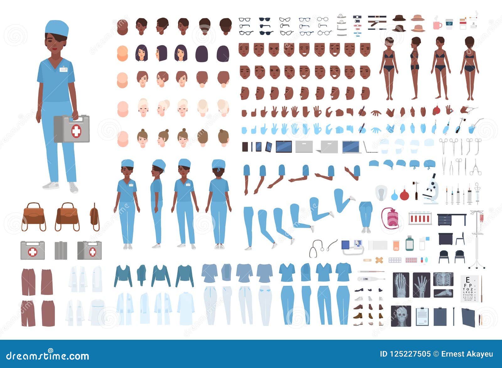 african american female paramedic or nurse constructor. set of woman`s body details, gestures, scrubs  on white