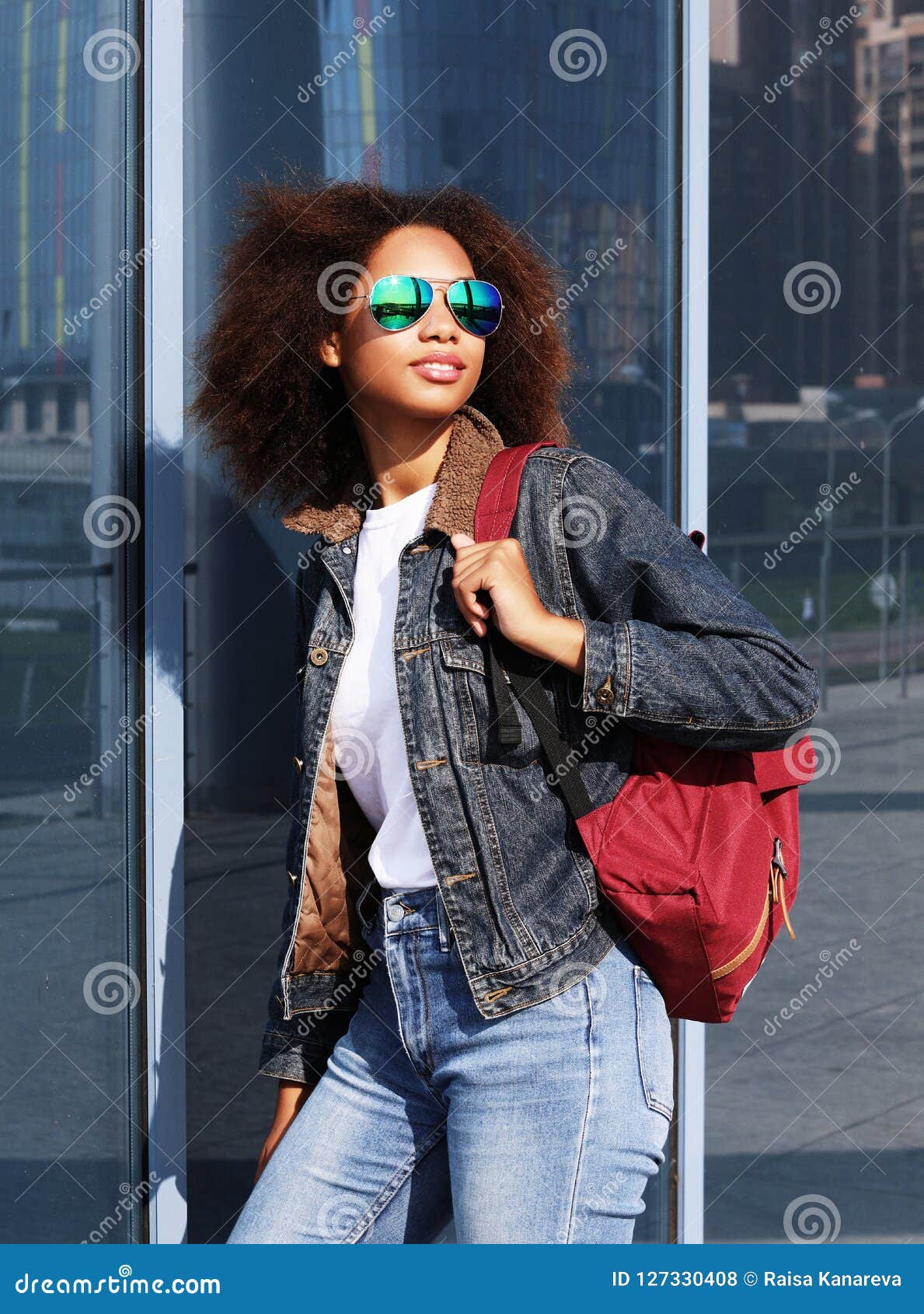 African American Girl in Sunglasses, Posing Outdoors, Dressed Casul ...