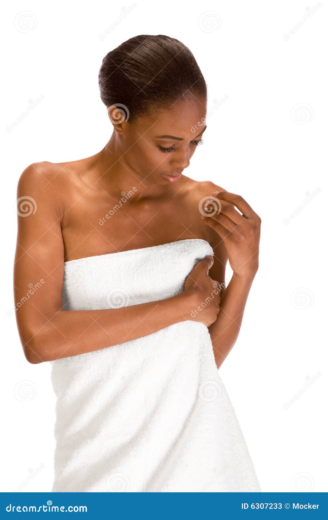 African-American Girl Wrapped in White Bath Towel Stock Image