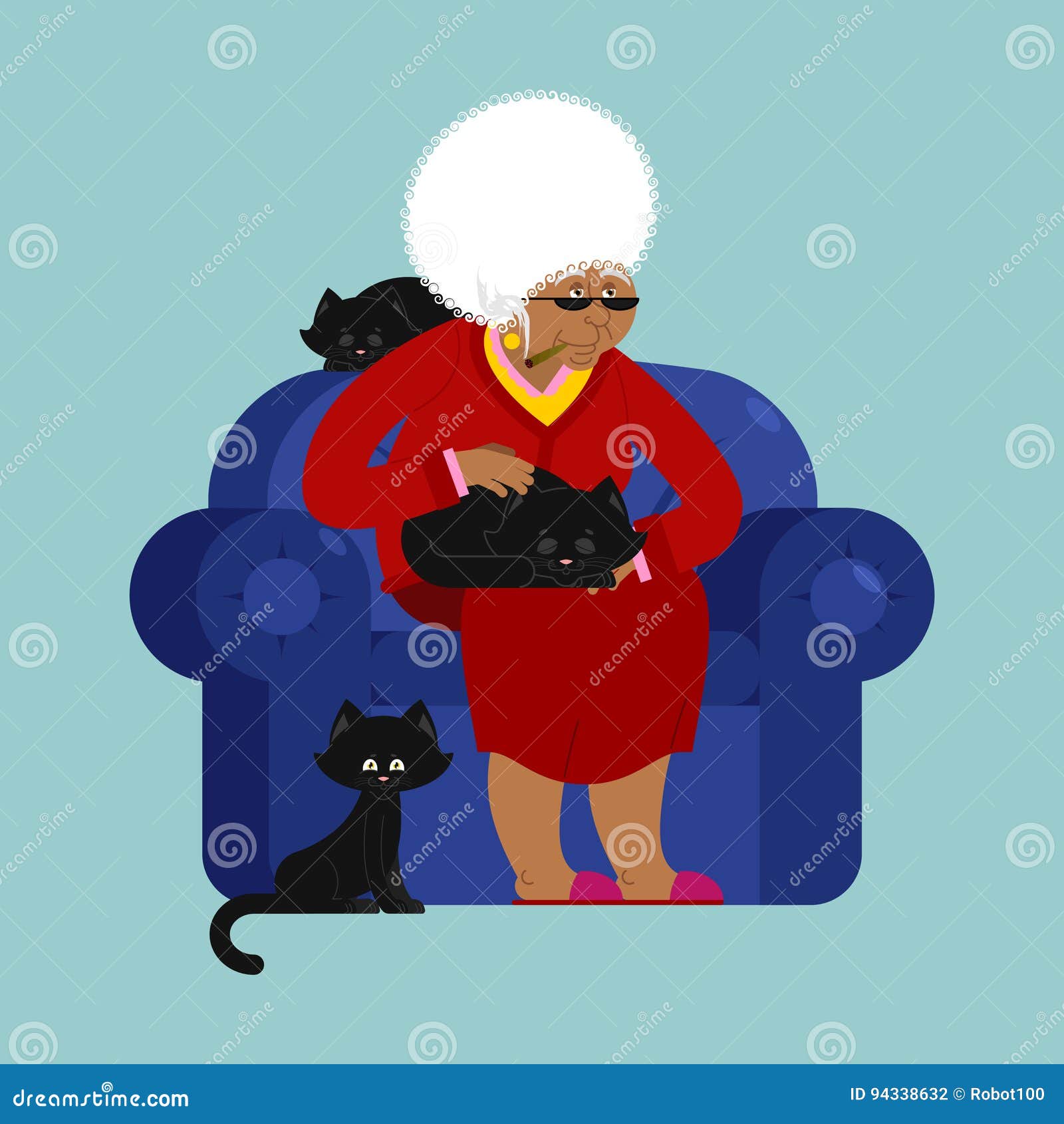 African American Grandmother and Cat Sitting on Chair. Granny Ca Stock ...