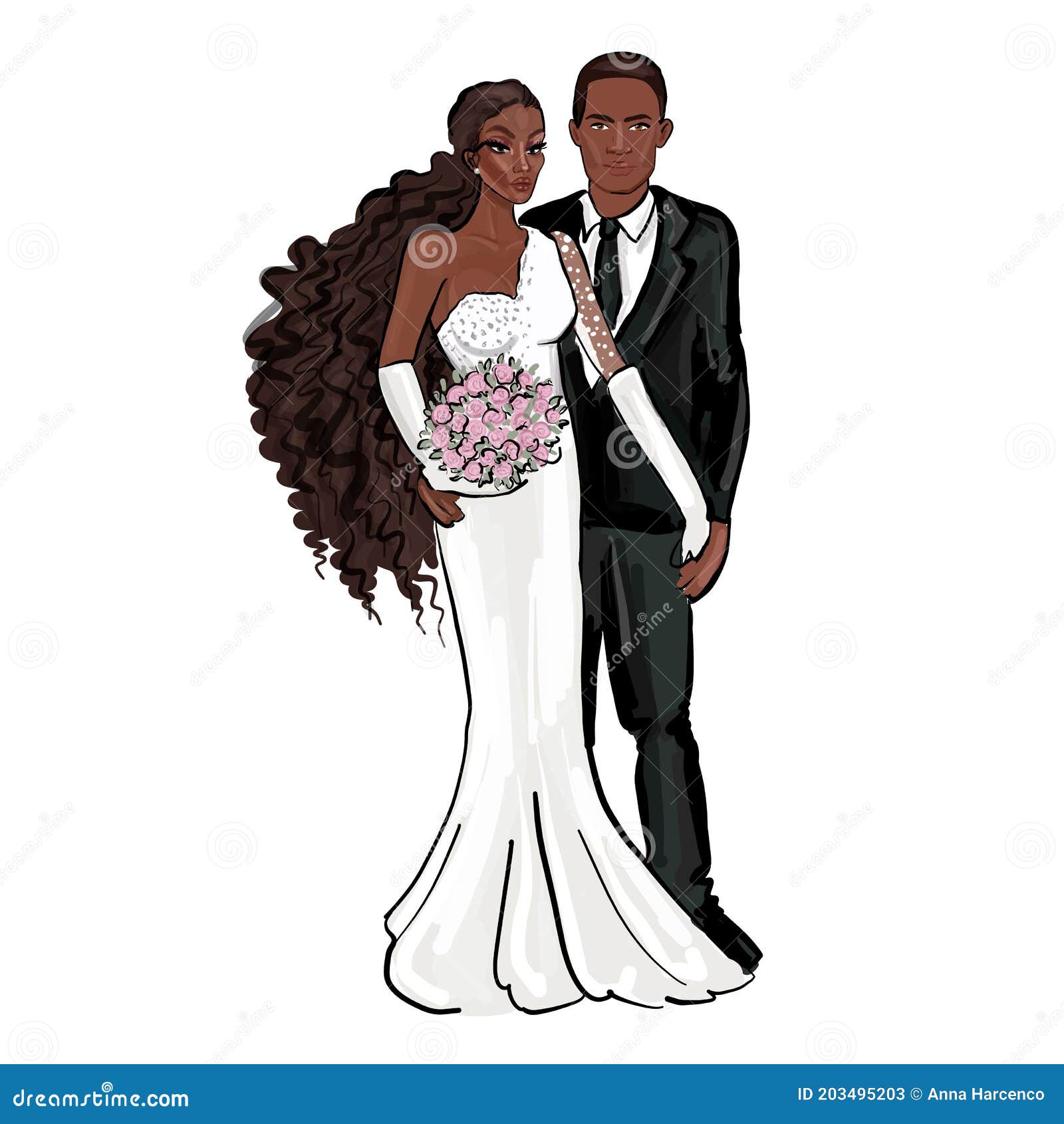African American Just Married Couple, Bride and Groom, Cartoon Vector  Illustration Isolated on White Background. Black Bride and G Stock Vector -  Illustration of bouquet, husband: 203495203