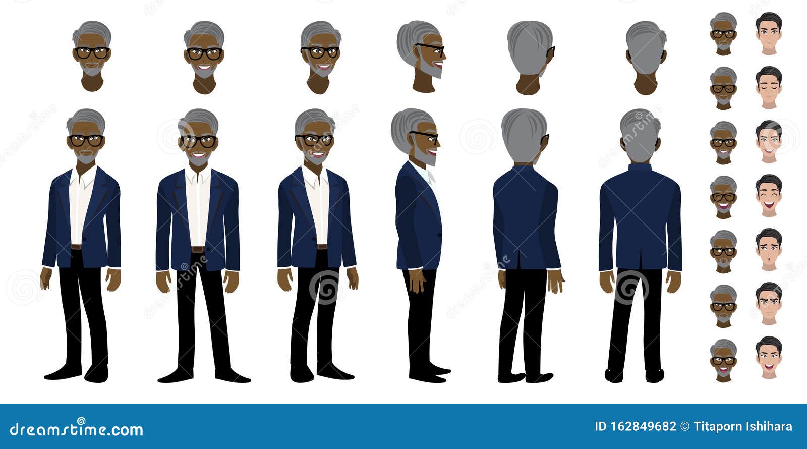 African American Professor Cartoon Character Head Set and Animation. Front,  Side, Back, 3-4 View Character. Flat Icon Design Stock Vector -  Illustration of avatar, isolated: 162849682