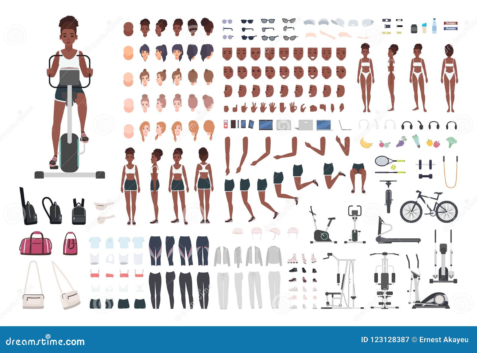 african american sportswoman or female athlete diy or animation kit. set of slim girl`s body parts, sports apparel, gym