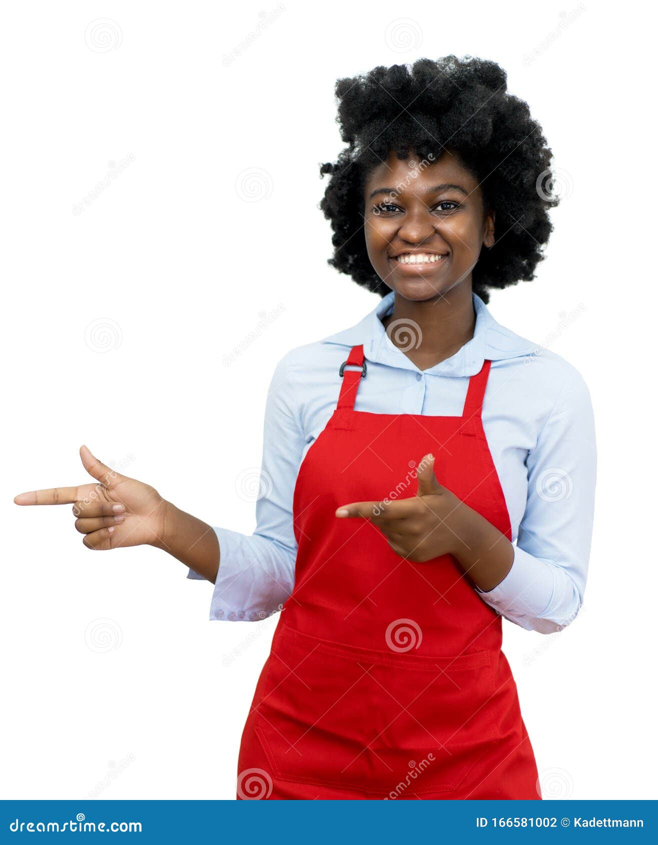 african american waitress with red apron pointing sideways