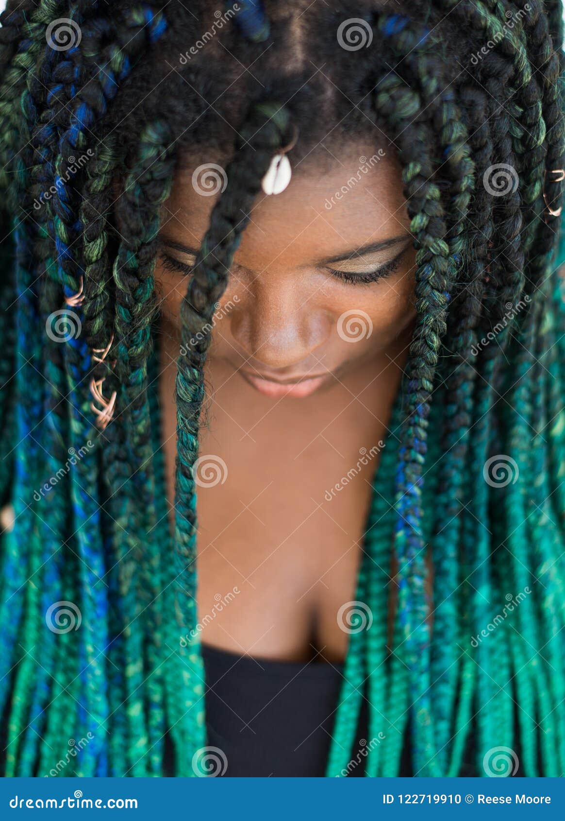 African American Woman With Beautiful Teal Green Blue Braids Stock Photo Image Of African Close 122719910