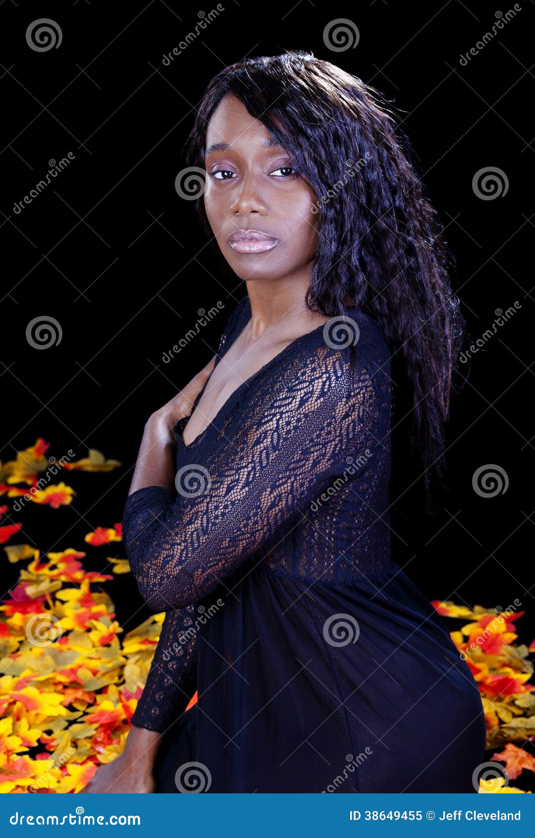African American Woman Black Night Gown Leaves Stock Image - Image