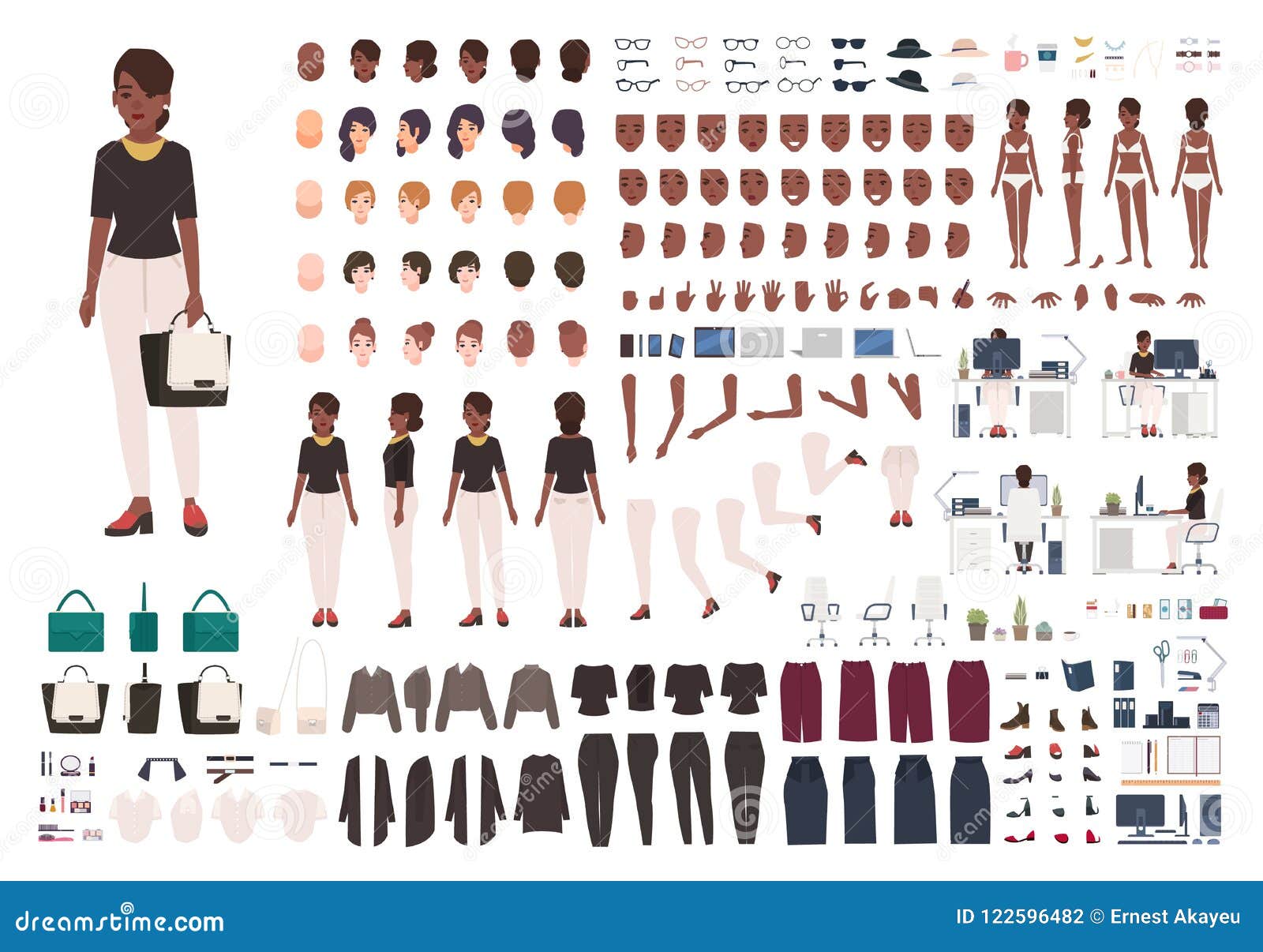 african american woman secretary, manager or office assistant diy or animation kit. set of female character body parts