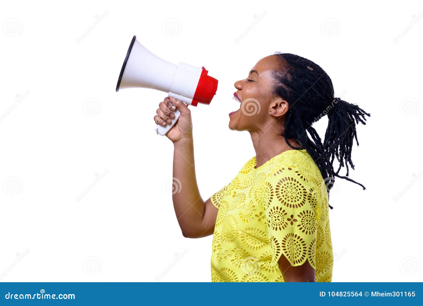 african american woman shouting at megaphone