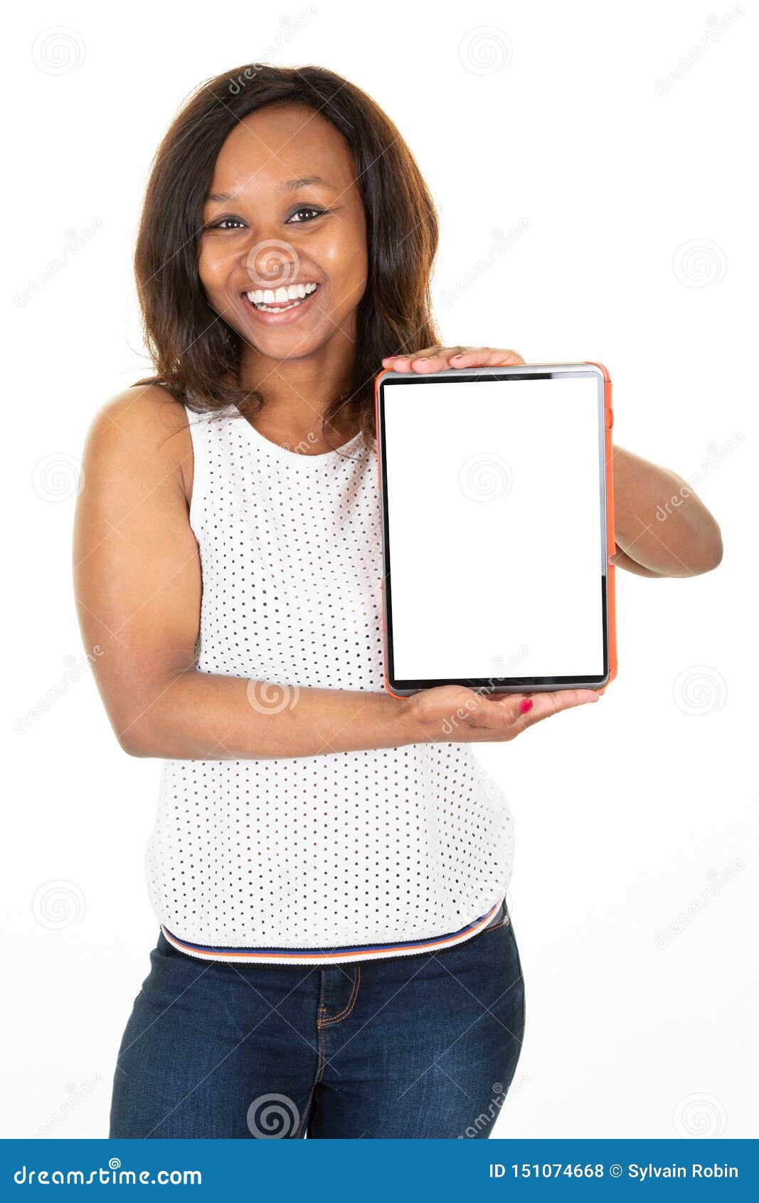 Download African American Woman Showing Mockup Empty Tablet Pc With ...