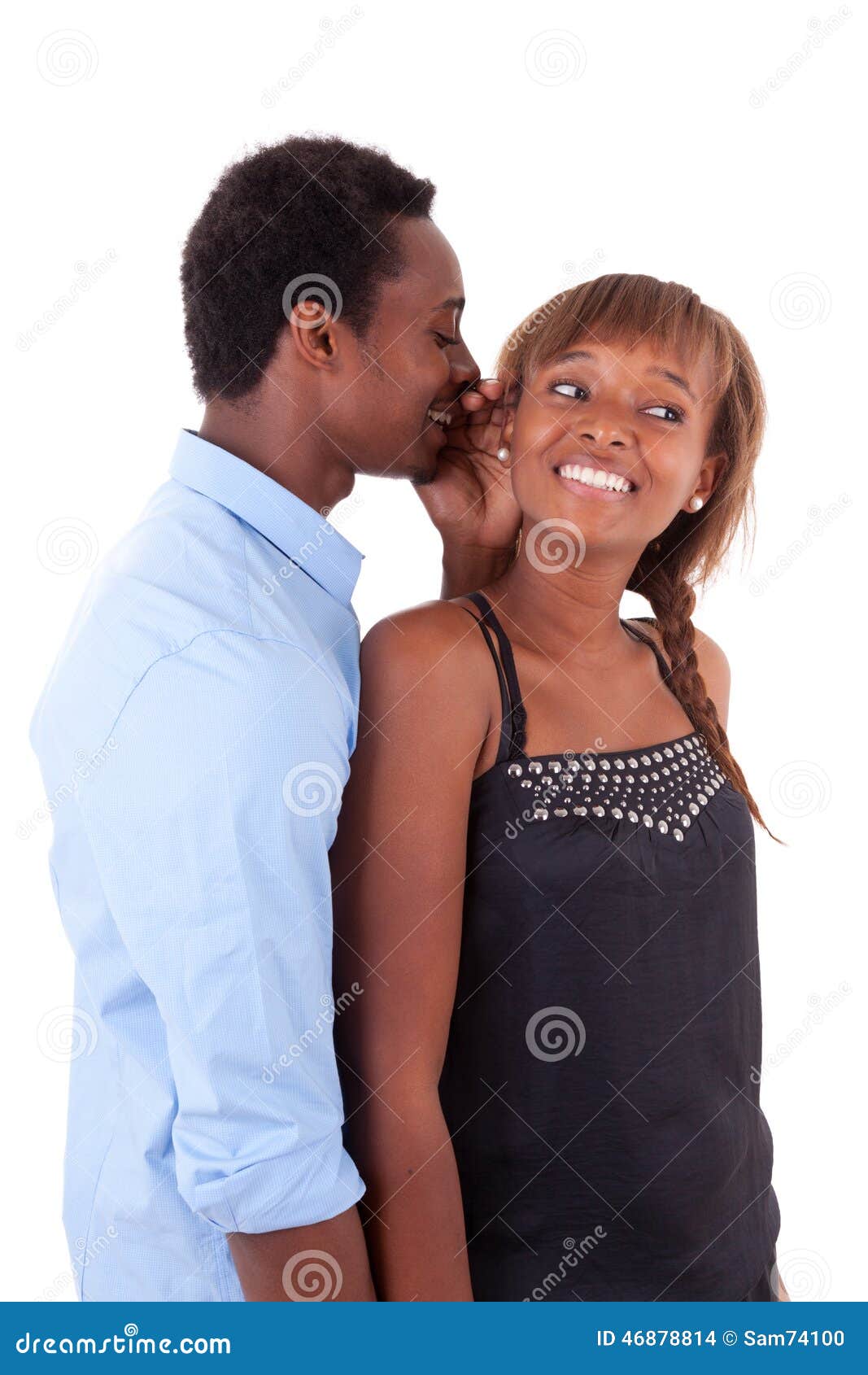 Sharing Secret. Black Guy Gossiping With His Excited Girlfriend