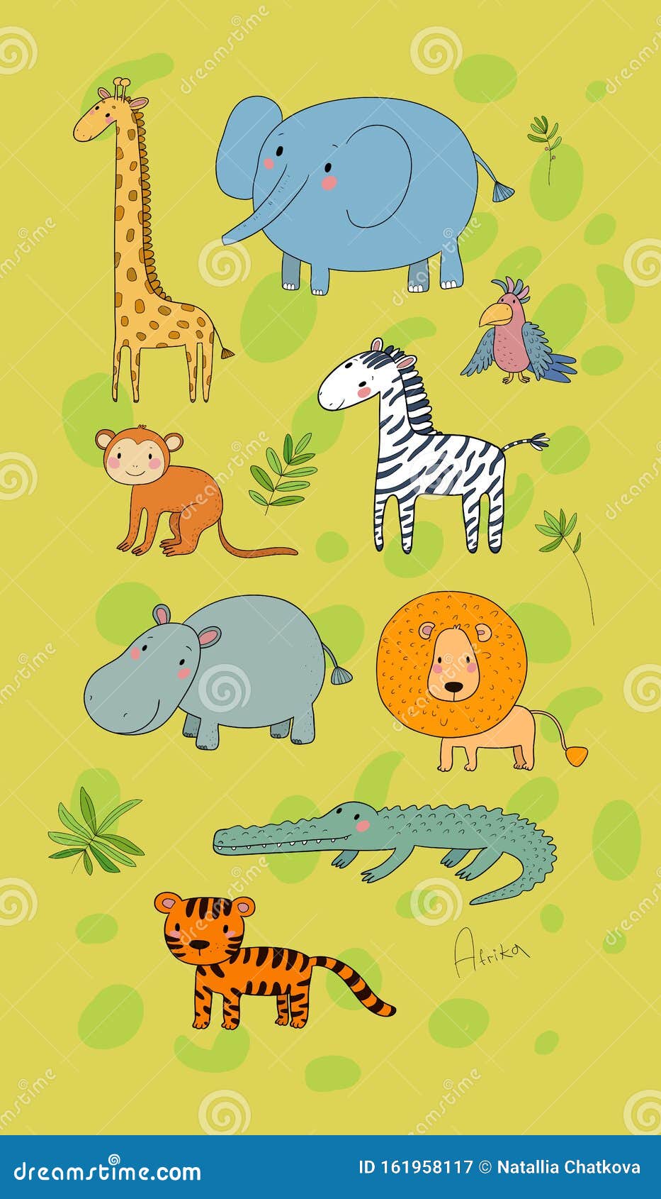 African Animals. Cute Cartoon Lion and Tiger, Elephant and Zebra, Monkey  and Parrot Stock Vector - Illustration of american, jungle: 161958117