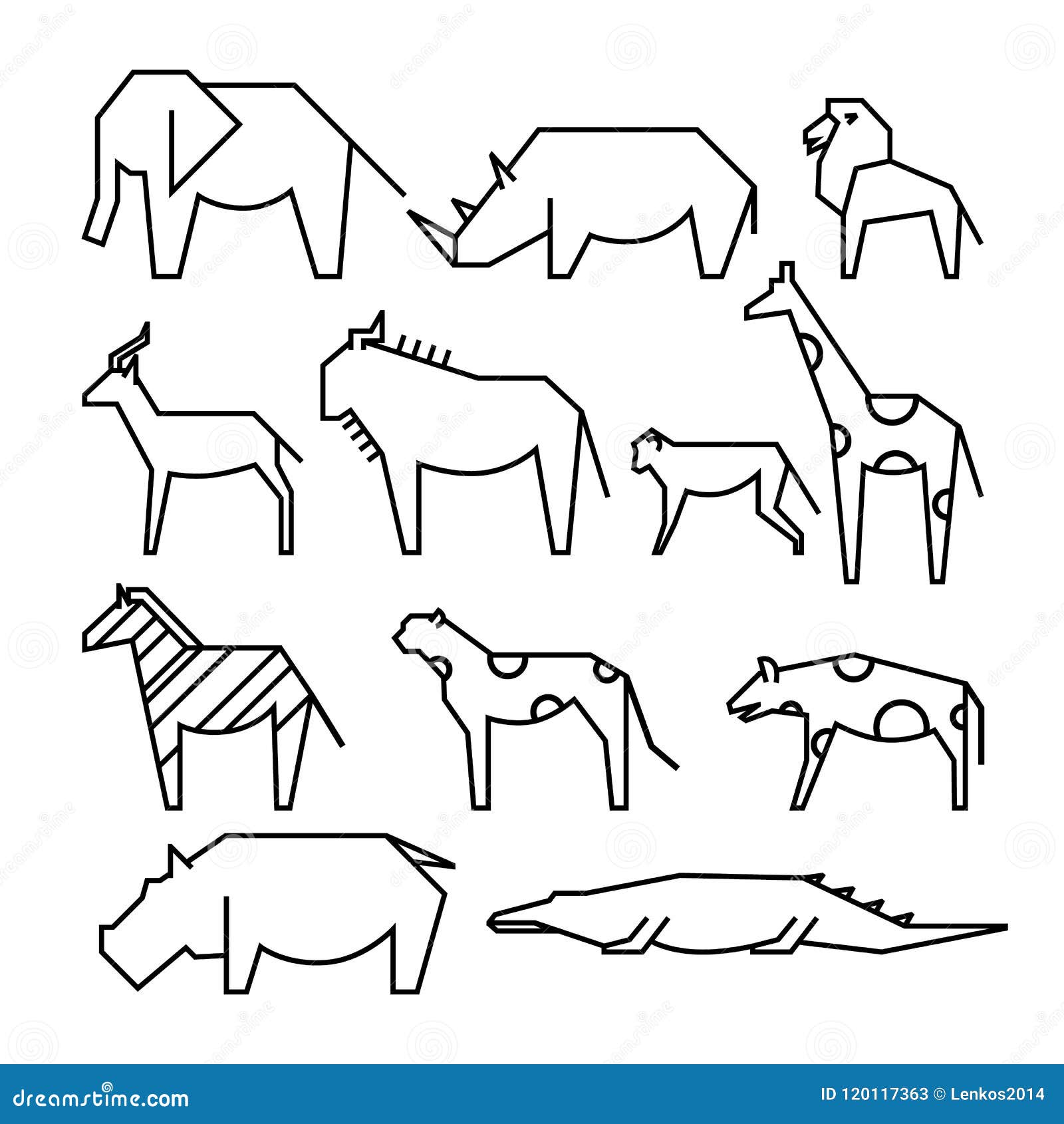African Animals Line Icons. Line Art Illustration. Elephant, Rhinoceros