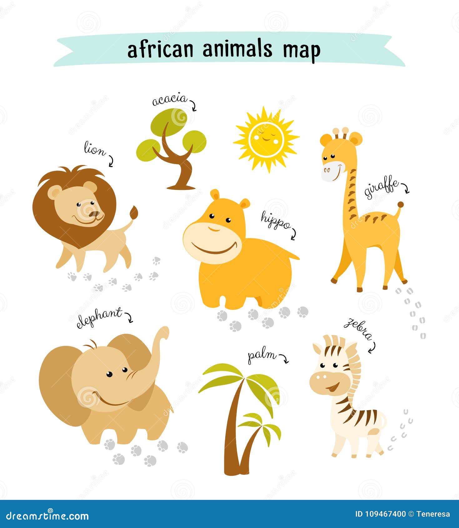 African Animals Vector Map with Trees and Animal Footprints Stock ...