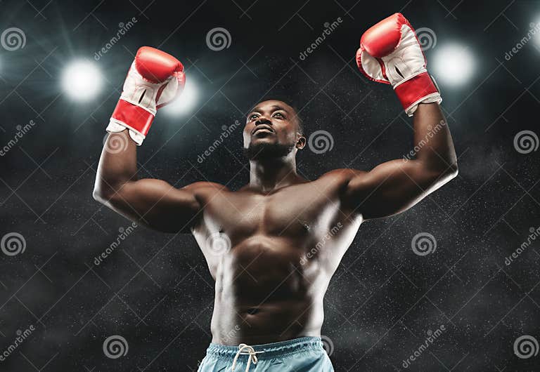African Boxer Raising His Arms in Winner Gesture Stock Photo Image of