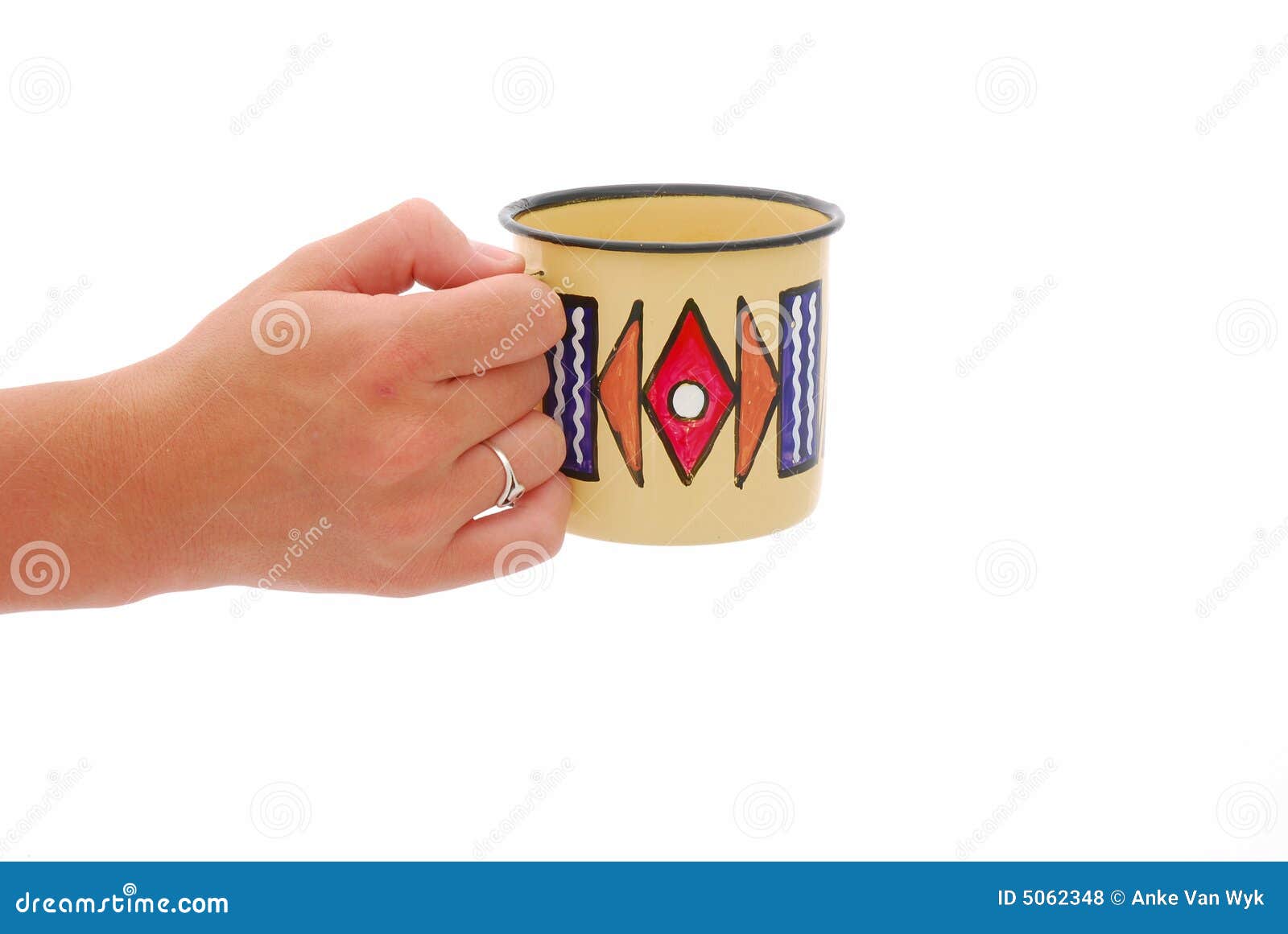 African cup hand. African background caucasian coffee colorful cup female hand holding image isolated studio white