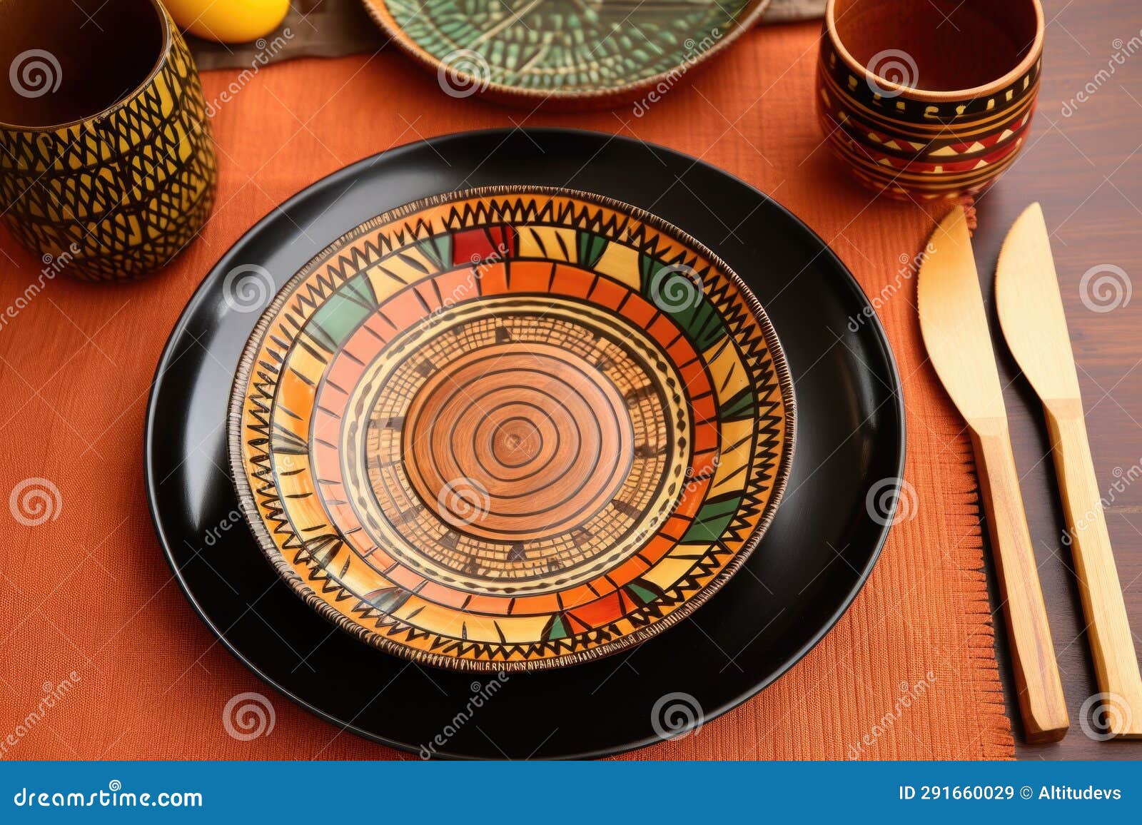 African Design Ceramic Plates with Bamboo Cutlery Stock Image Image