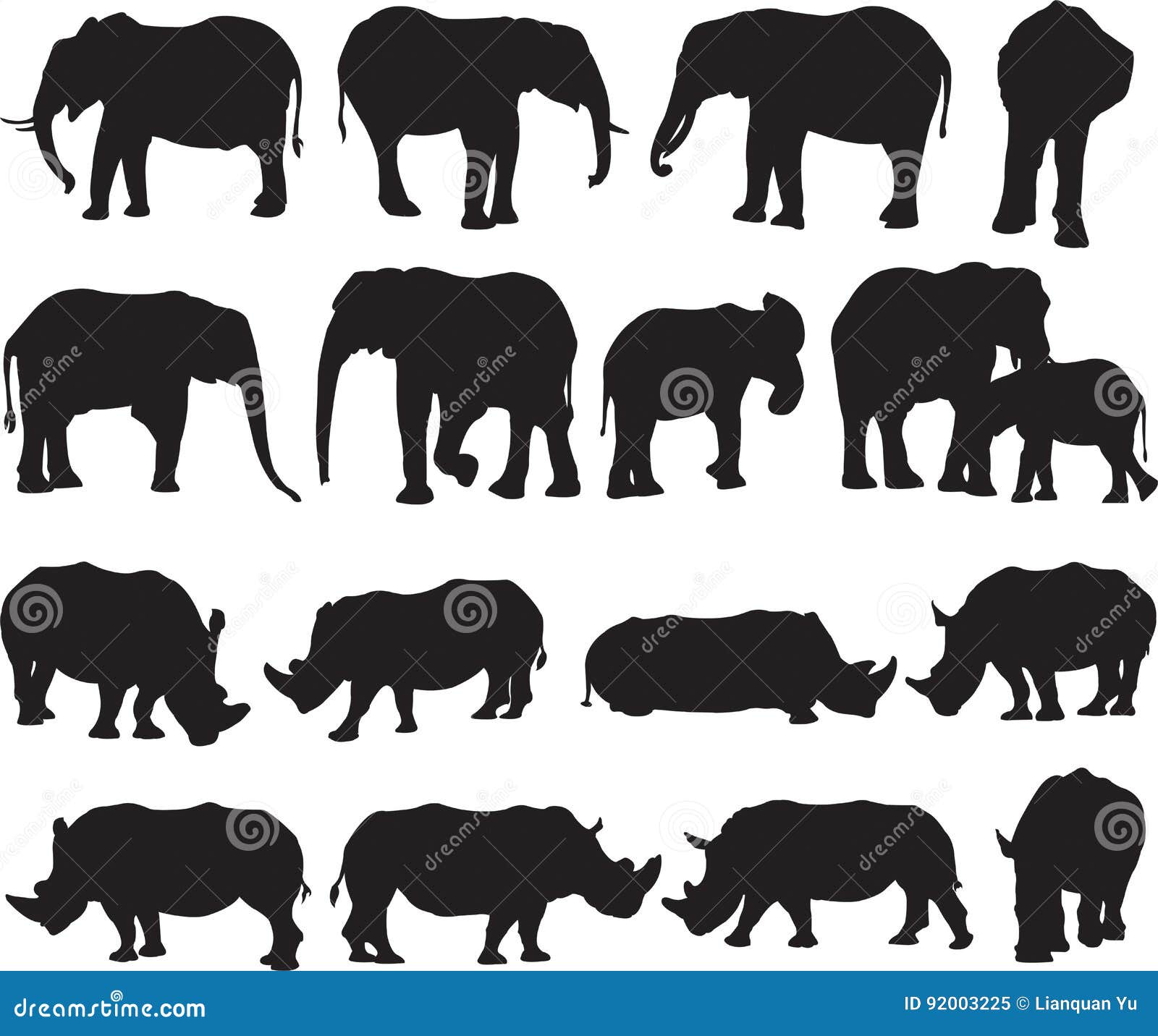 African Elephant and White Rhinoceros Silhouette Contour Stock Vector -  Illustration of african, protected: 92003225