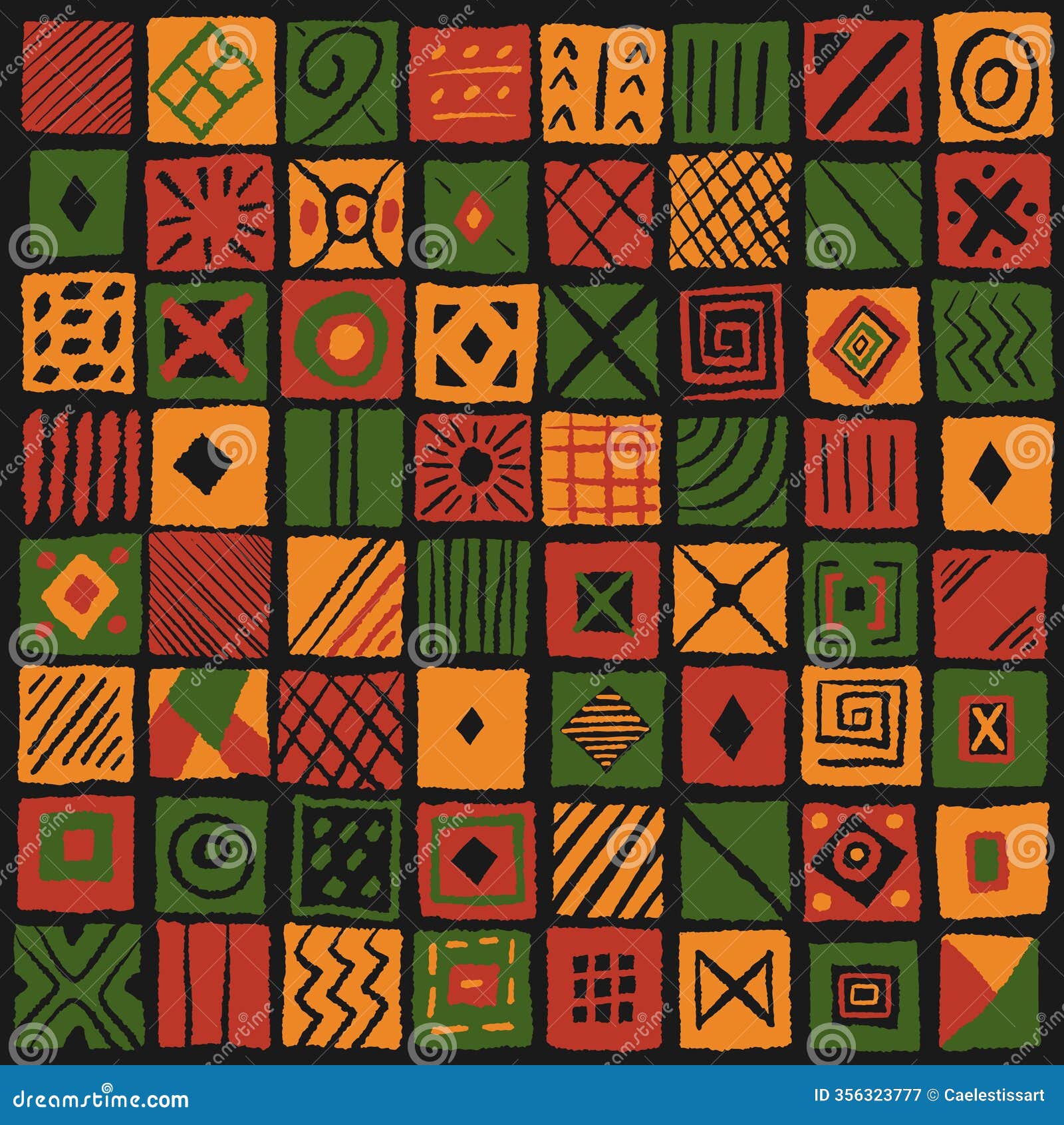 african ethnic pattern. square tiles with abstract geometric lines and ornaments. red yellow green simple hand drawn