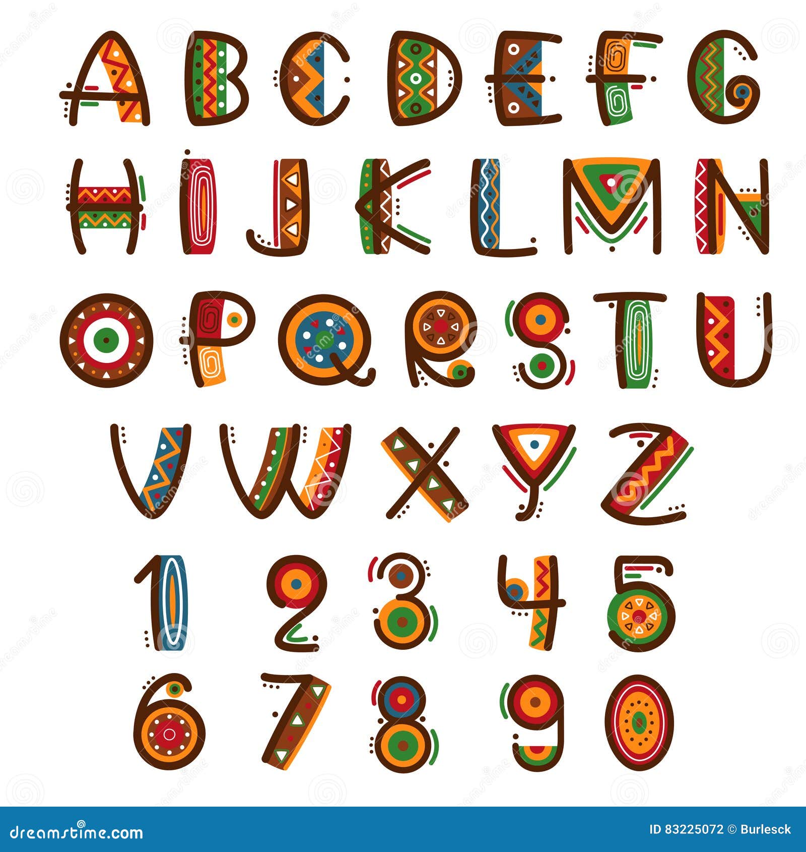 african ethnic primitive font. hand drawn brightly safari  alphabet