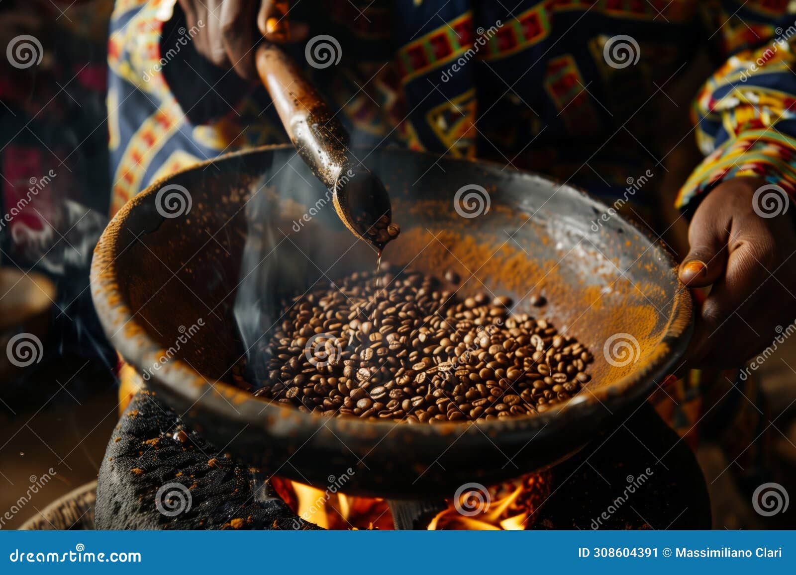 African Hands Roasting Coffee Beans Over an Open Fire in a Rustic