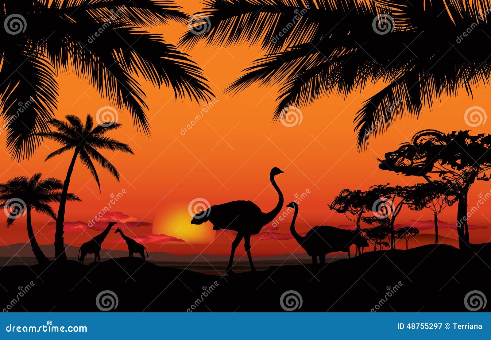 African Landscape With Animal Silhouette. Savanna Sunset Background.  Illustration 48755297 - Megapixl