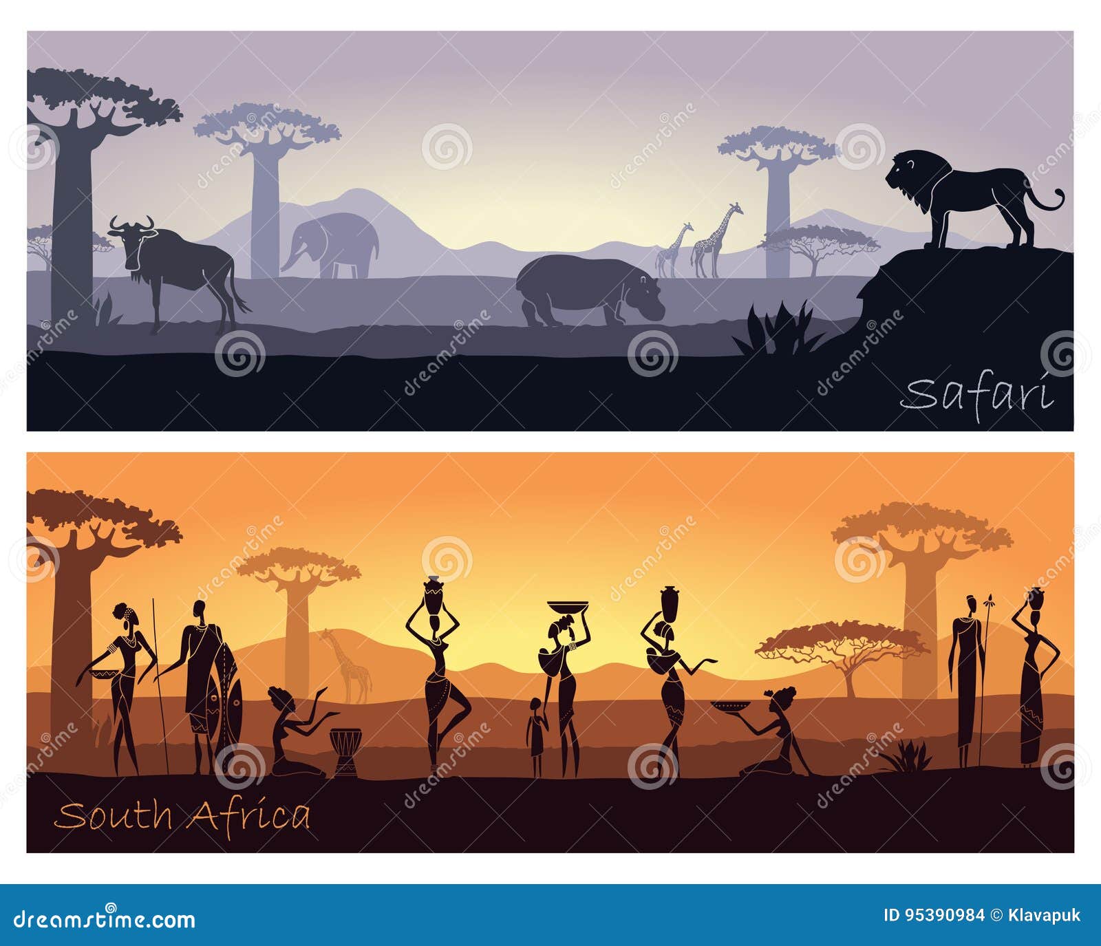 African Landscape with People and Animals Stock Vector - Illustration of  nature, elephant: 95390984