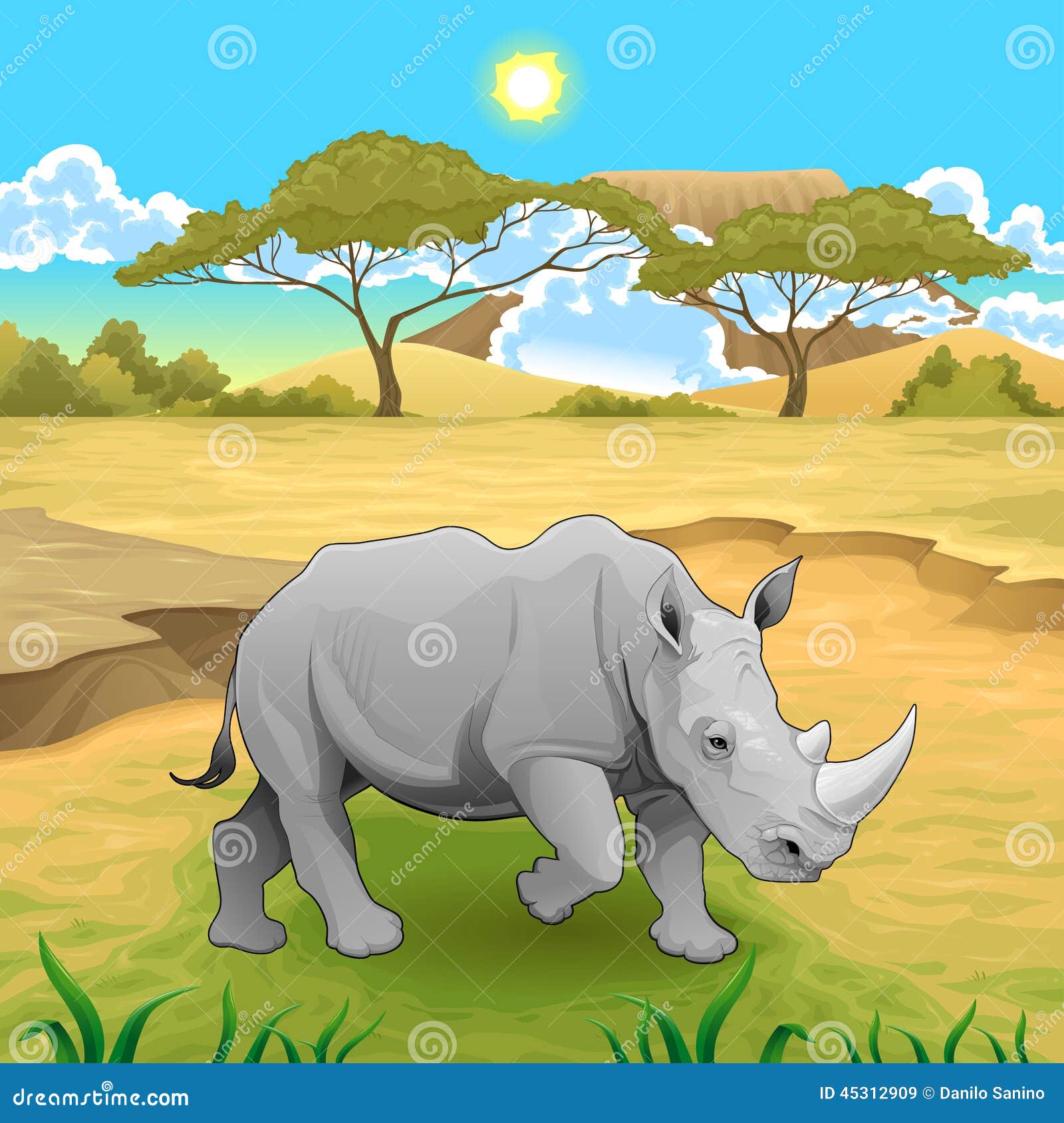 african landscape with rhinoceros.