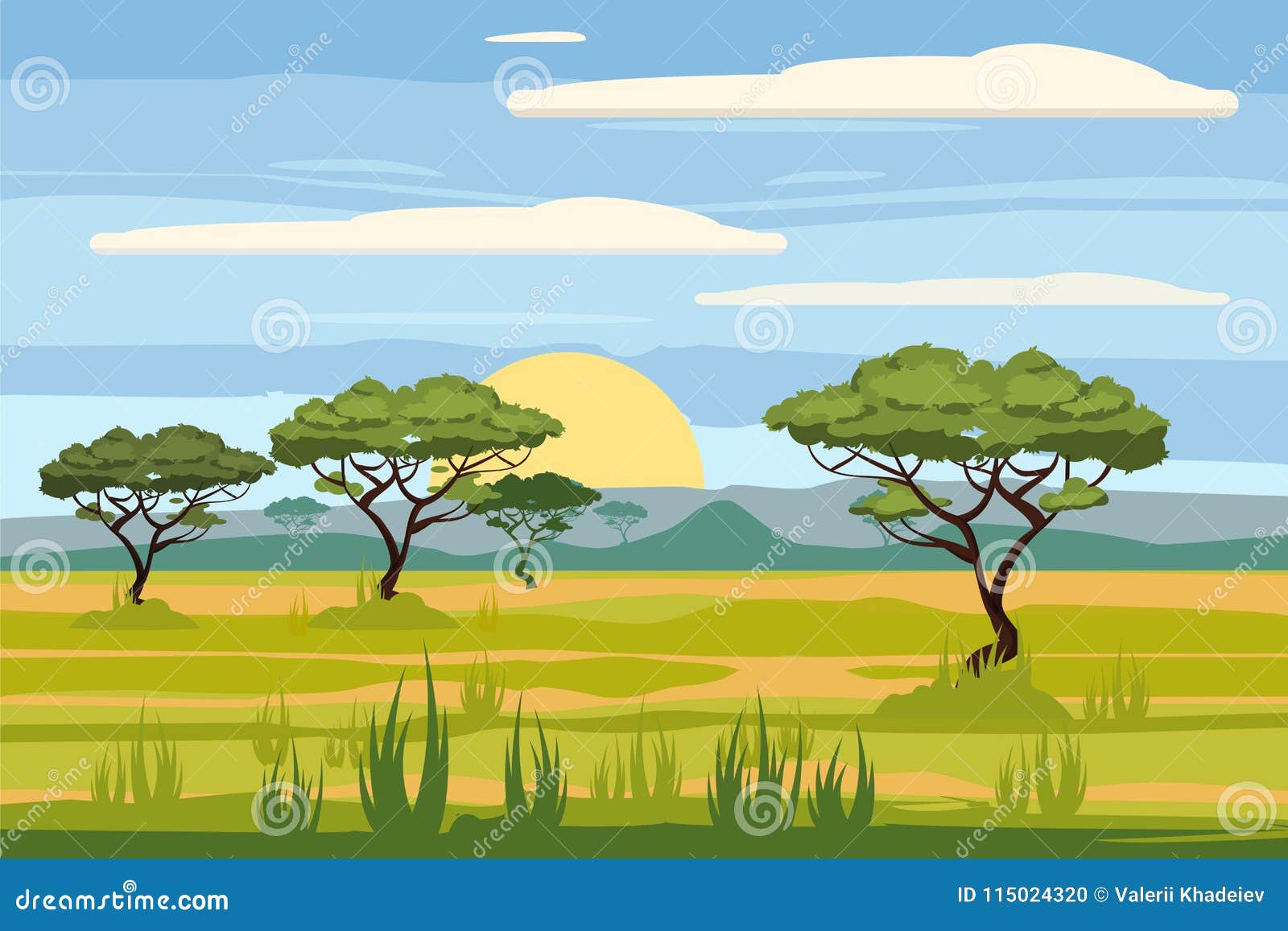 african landscape, savannah, sunset, , , cartoon style, 