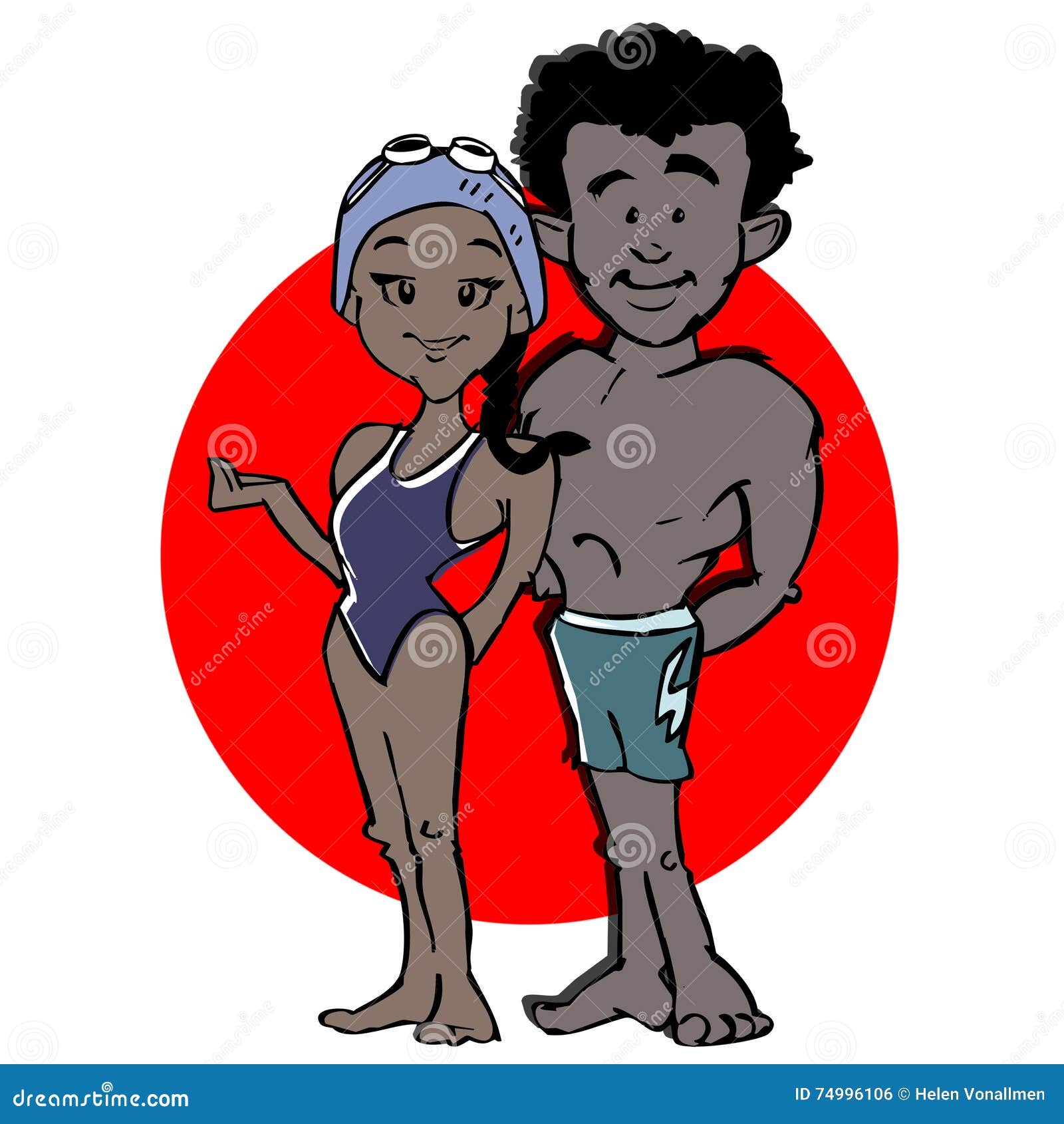 african, latino or indian swimmer couple cartoon
