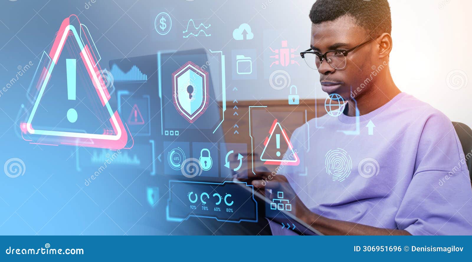 African Man with Laptop and Cybersecurity Interface Stock Photo Image