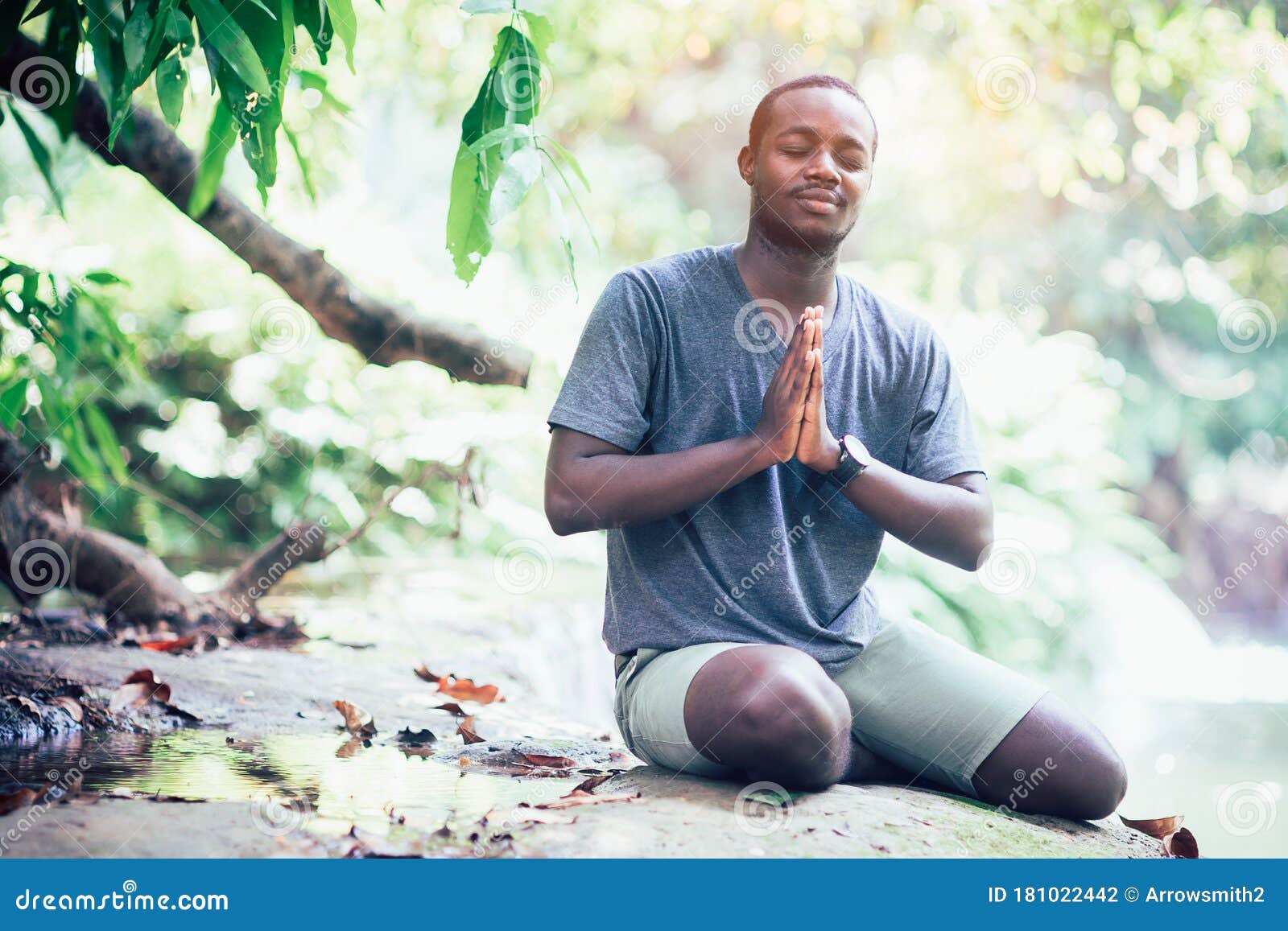 African Man Spiritual Peaceful Praying and Wishing in Green Nature ...